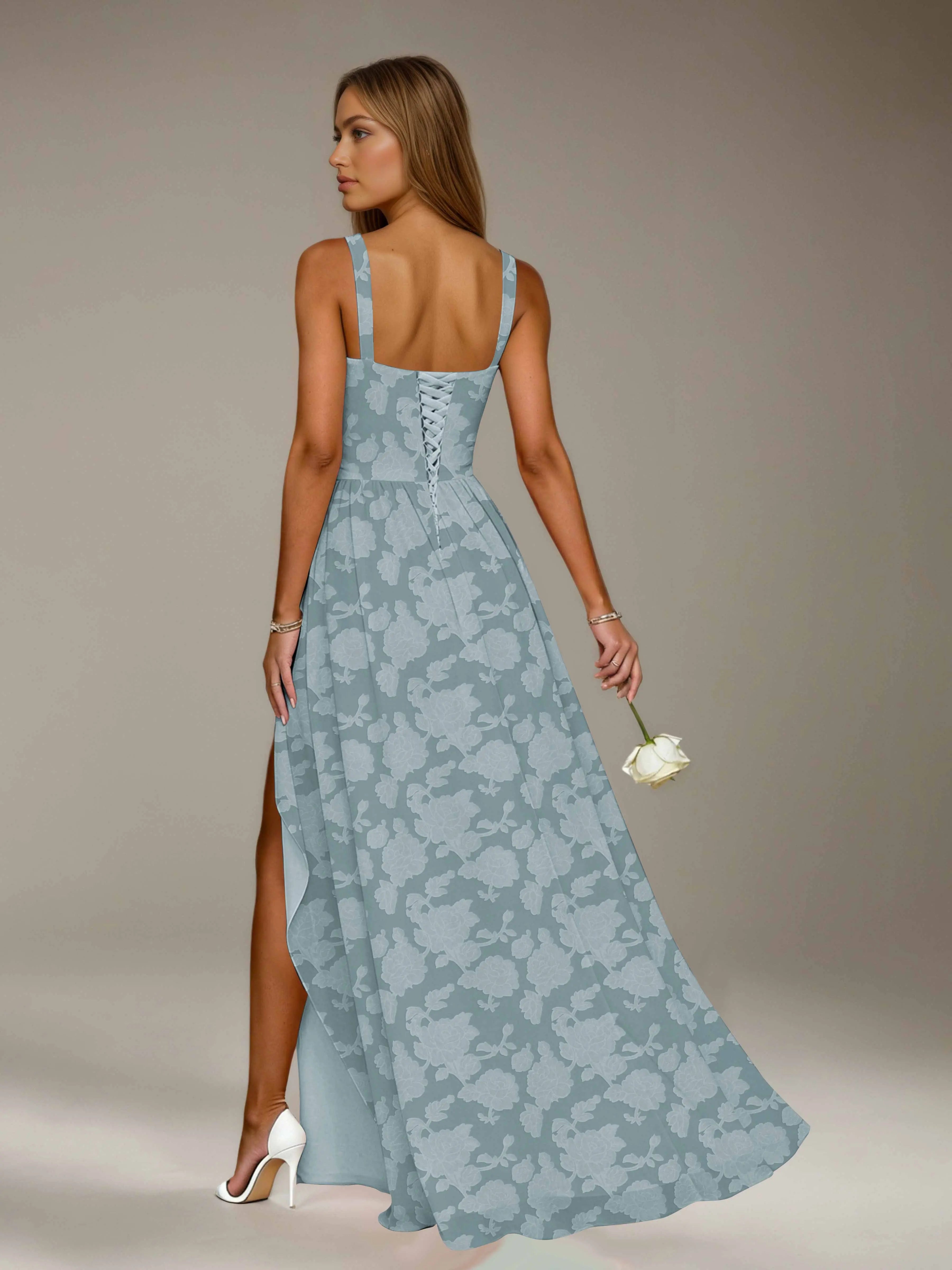 Floral Lace Bridesmaid Dress – A-Line Square Neck Sleeveless Floor Length Formal Dress with Slit oaklynwear