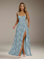 Floral Lace Bridesmaid Dress – A-Line Square Neck Sleeveless Floor Length Formal Dress with Slit oaklynwear