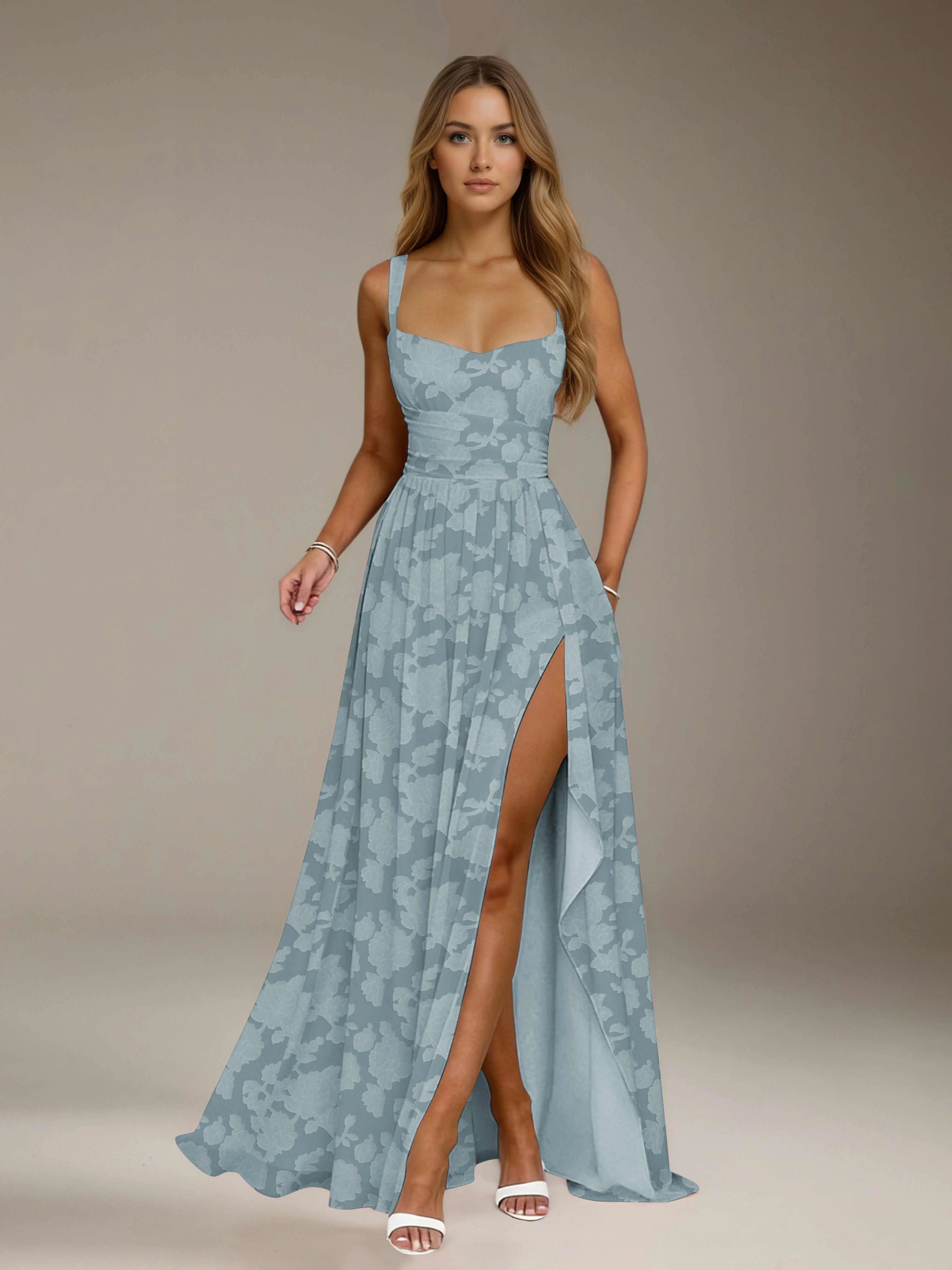 Floral Lace Bridesmaid Dress – A-Line Square Neck Sleeveless Floor Length Formal Dress with Slit oaklynwear