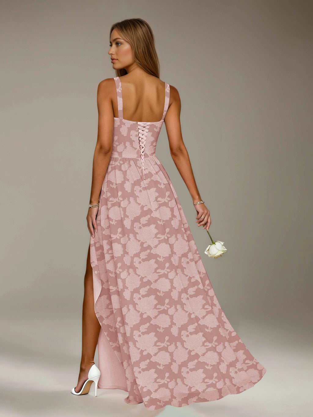 Floral Lace Bridesmaid Dress – A-Line Square Neck Sleeveless Floor Length Formal Dress with Slit oaklynwear