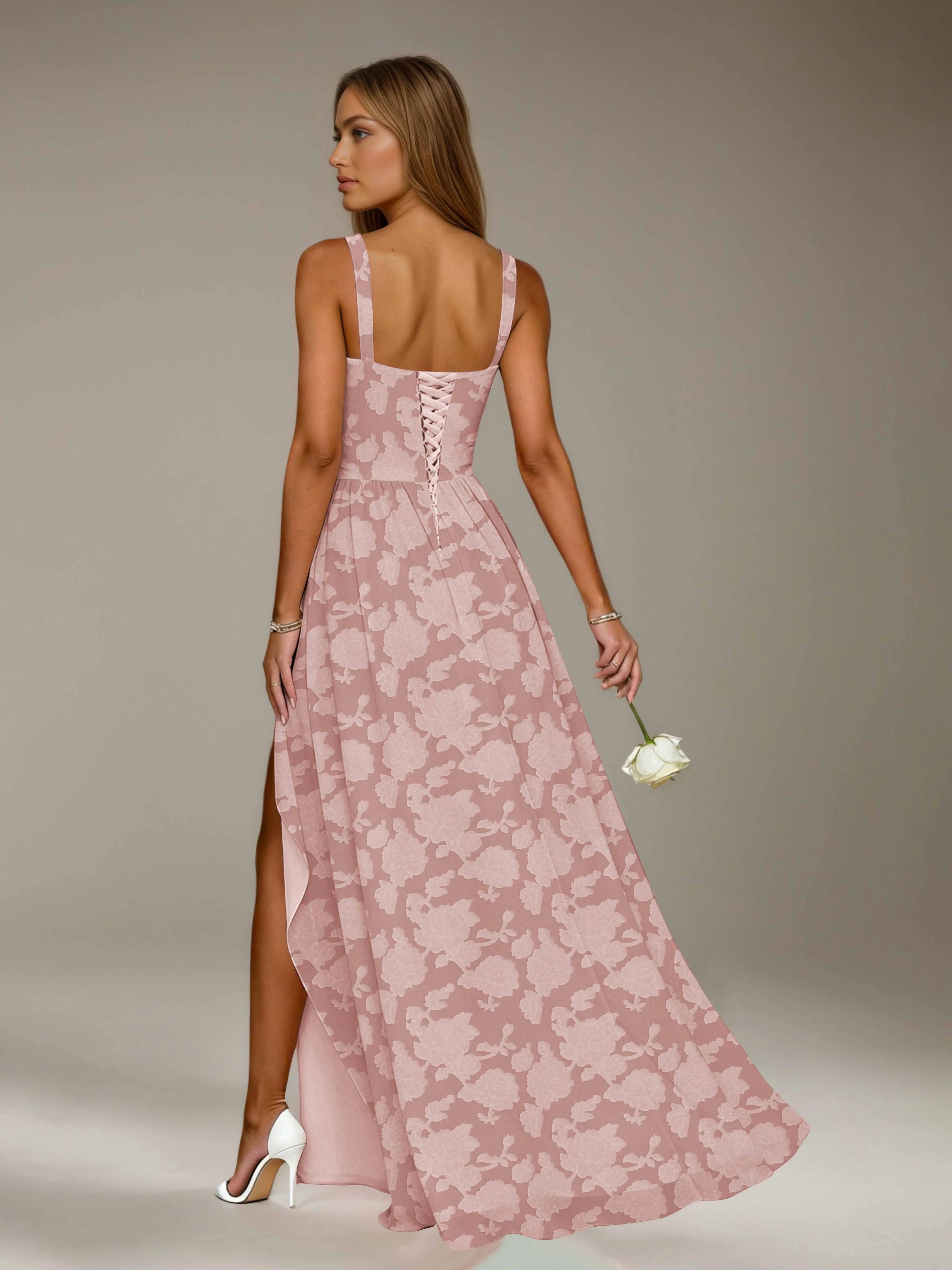 Floral Lace Bridesmaid Dress – A-Line Square Neck Sleeveless Floor Length Formal Dress with Slit oaklynwear