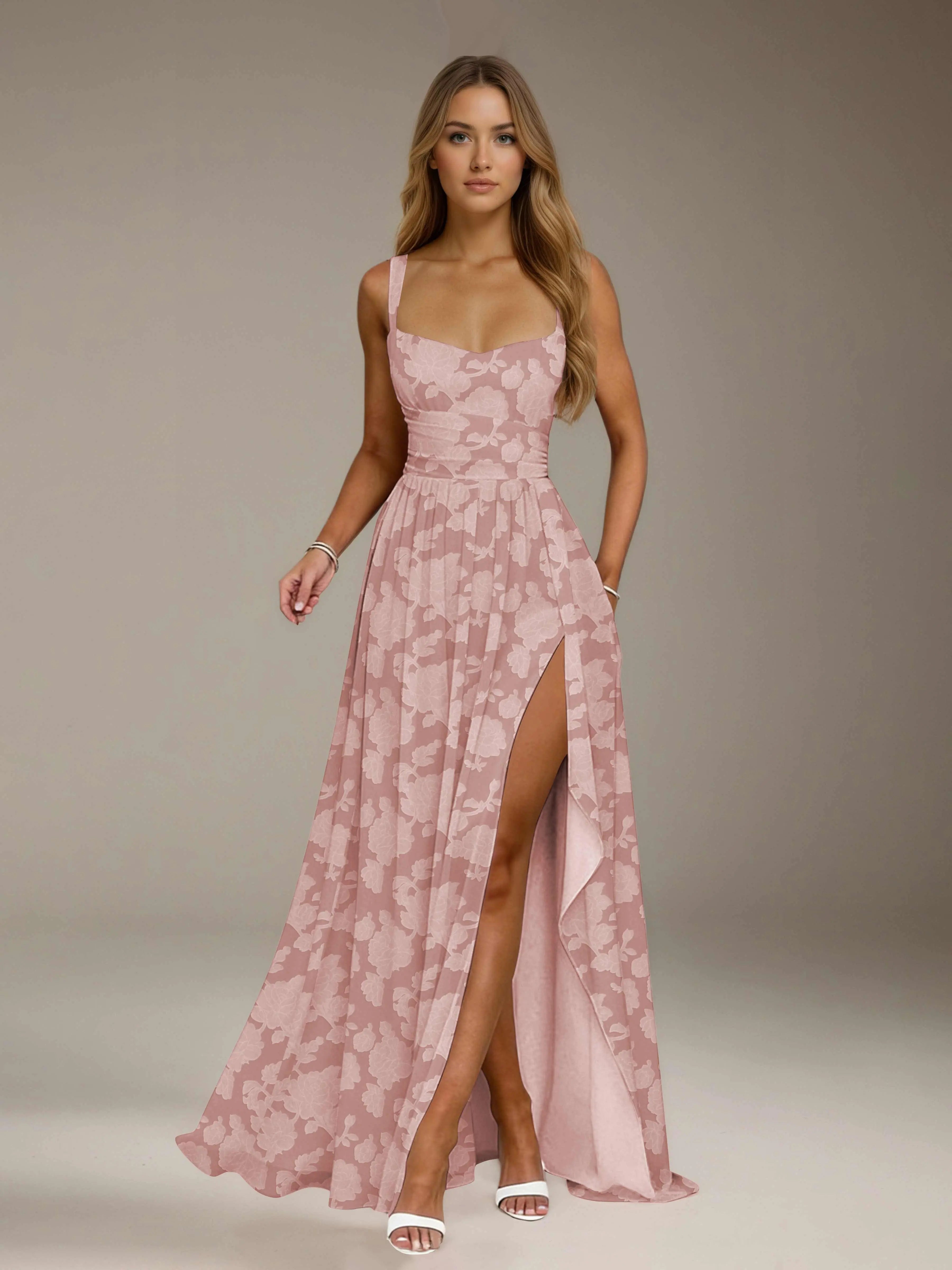 Floral Lace Bridesmaid Dress – A-Line Square Neck Sleeveless Floor Length Formal Dress with Slit oaklynwear