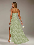 Floral Lace Bridesmaid Dress – A-Line Square Neck Sleeveless Floor Length Formal Dress with Slit oaklynwear