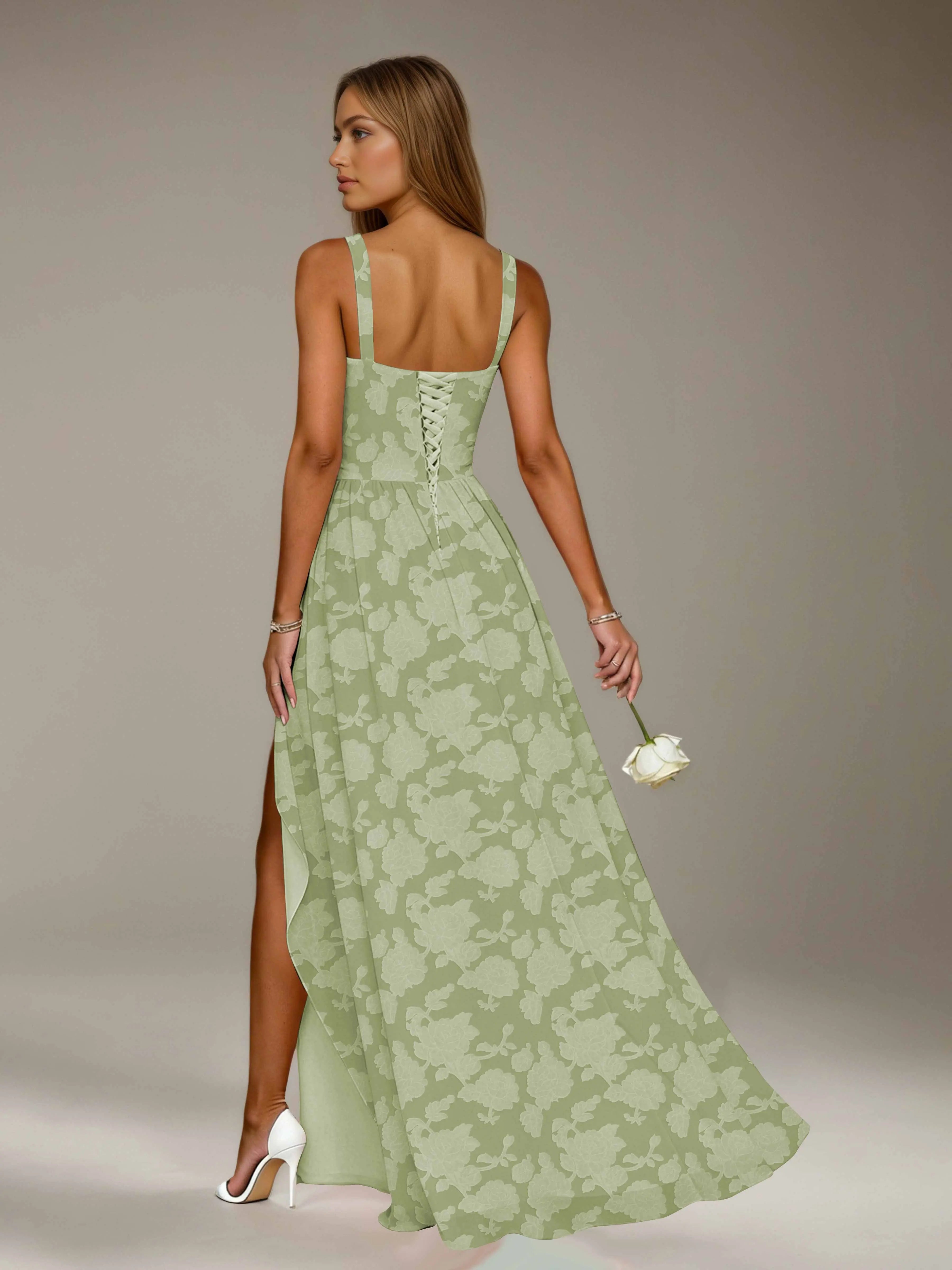 Floral Lace Bridesmaid Dress – A-Line Square Neck Sleeveless Floor Length Formal Dress with Slit oaklynwear