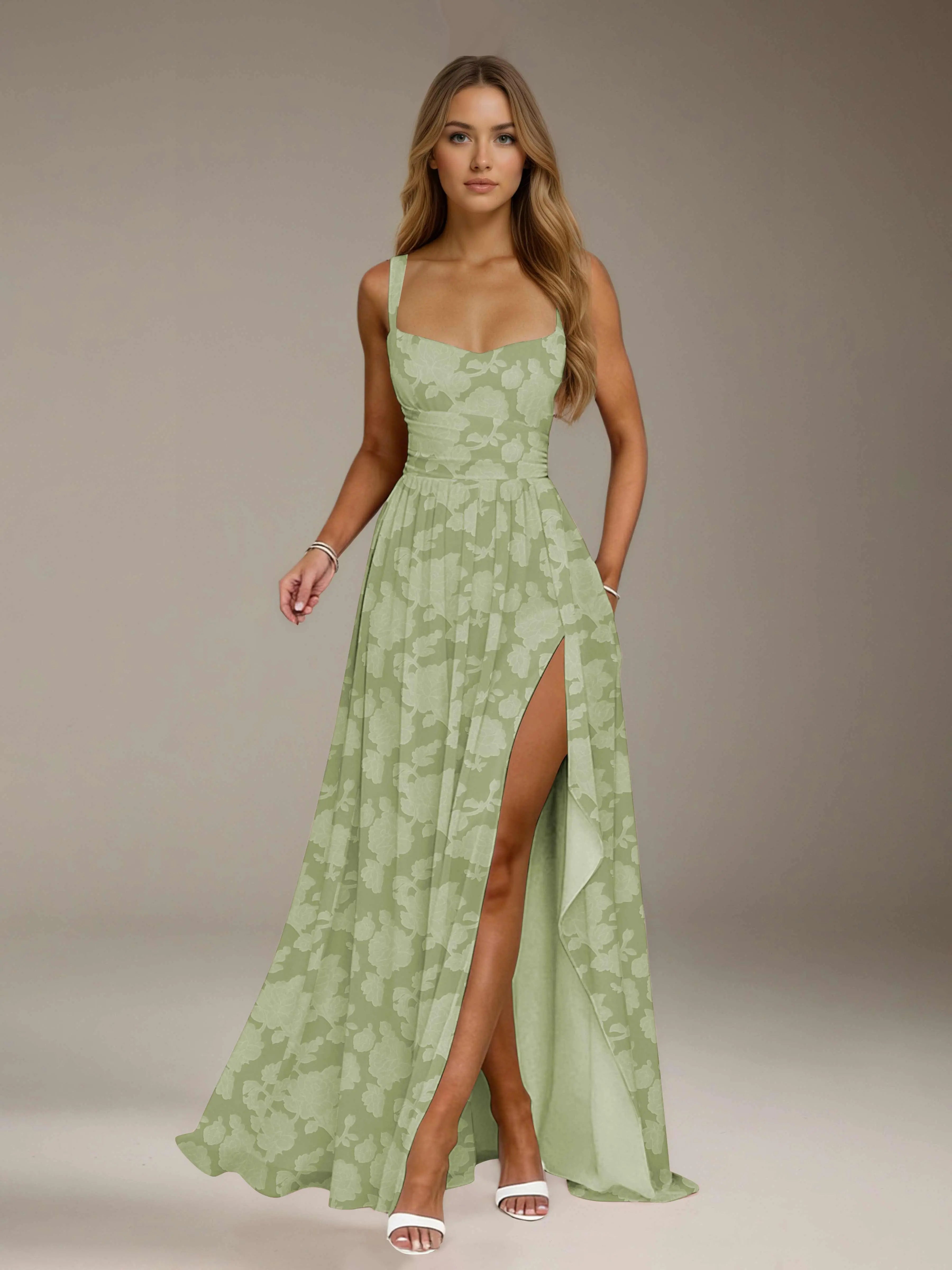 Floral Lace Bridesmaid Dress – A-Line Square Neck Sleeveless Floor Length Formal Dress with Slit oaklynwear
