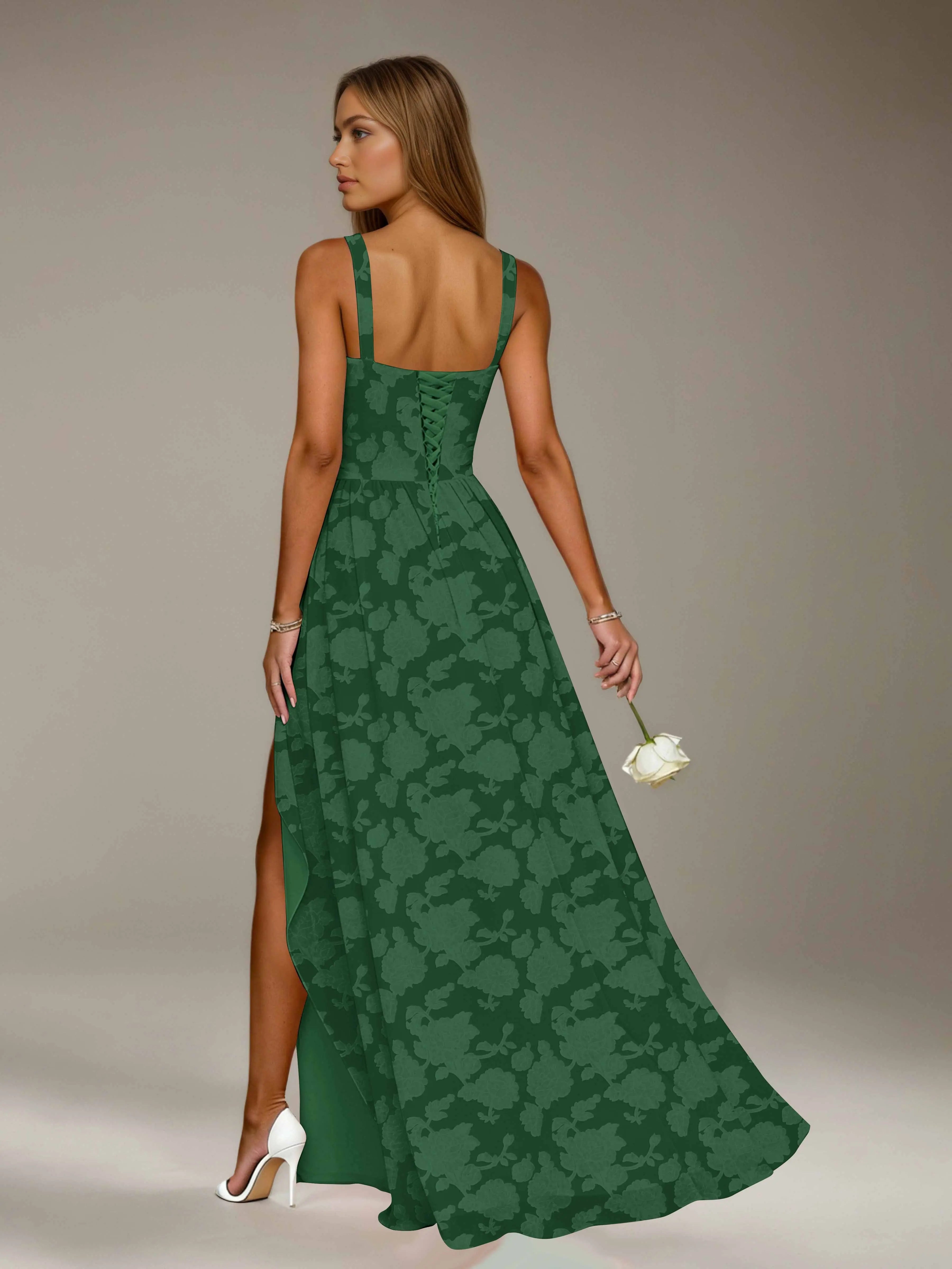 Floral Lace Bridesmaid Dress – A-Line Square Neck Sleeveless Floor Length Formal Dress with Slit oaklynwear