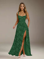 Floral Lace Bridesmaid Dress – A-Line Square Neck Sleeveless Floor Length Formal Dress with Slit oaklynwear