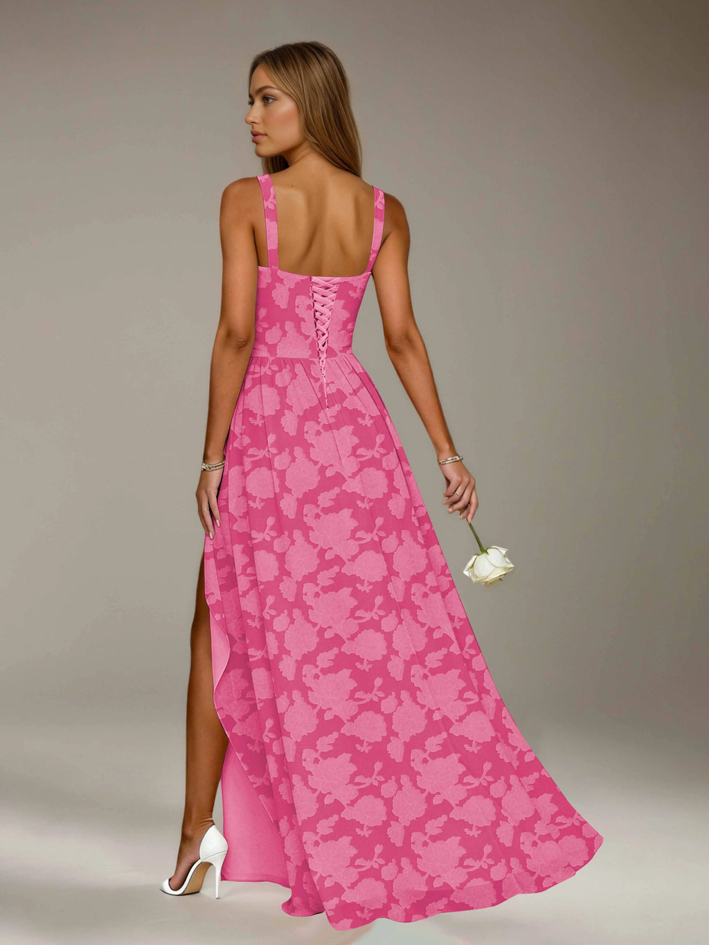 Floral Lace Bridesmaid Dress – A-Line Square Neck Sleeveless Floor Length Formal Dress with Slit oaklynwear