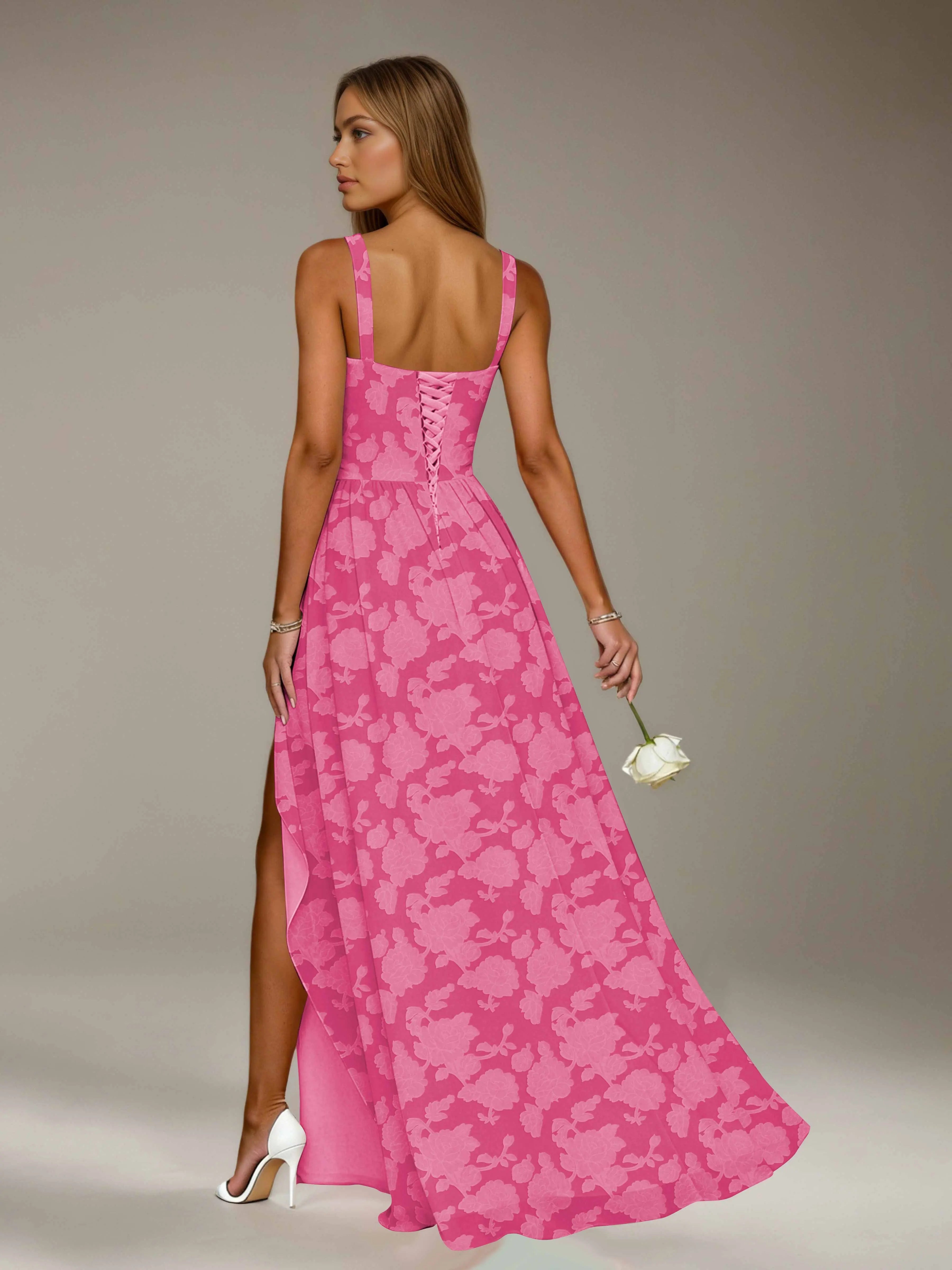 Floral Lace Bridesmaid Dress – A-Line Square Neck Sleeveless Floor Length Formal Dress with Slit oaklynwear