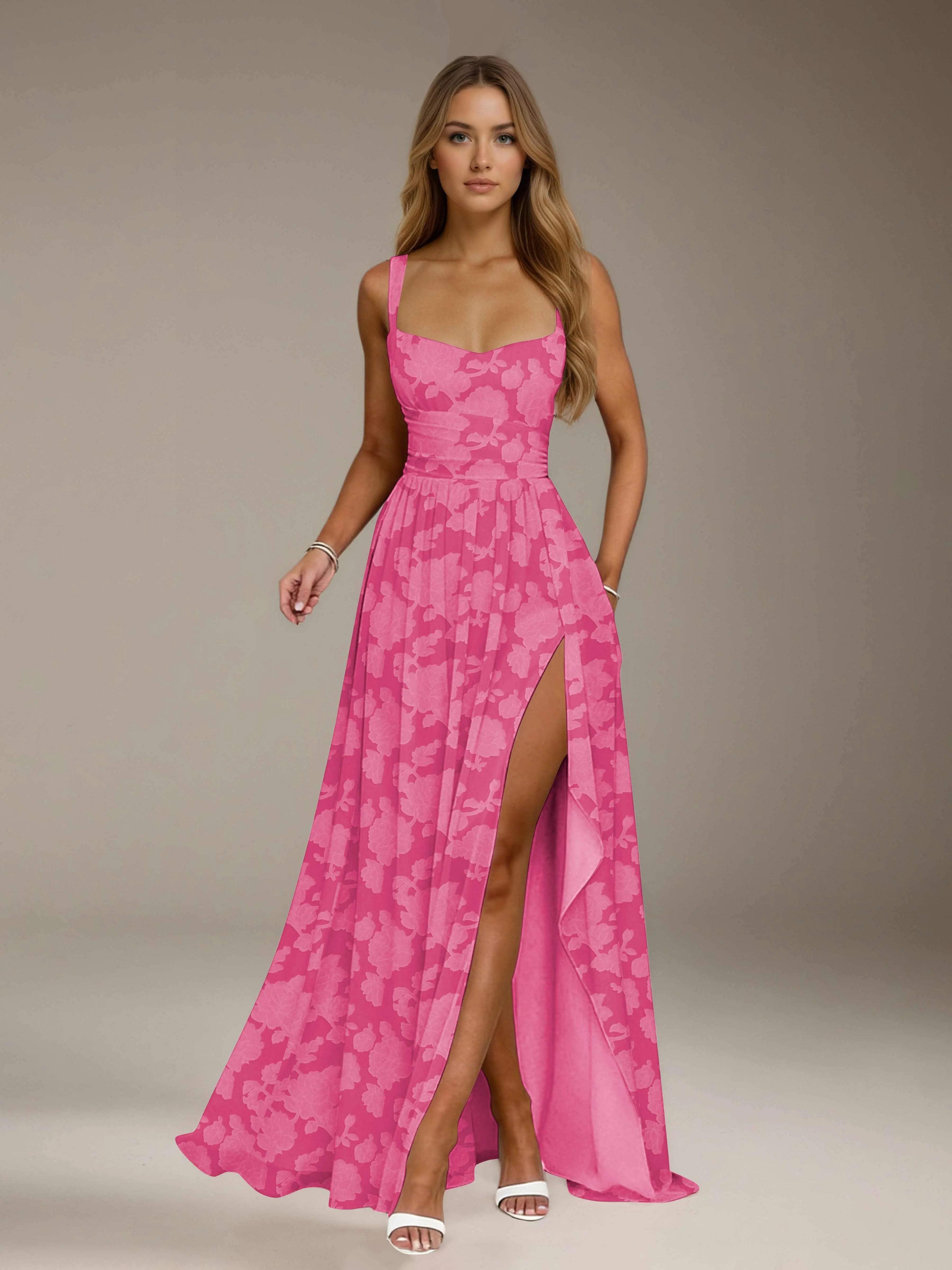 Floral Lace Bridesmaid Dress – A-Line Square Neck Sleeveless Floor Length Formal Dress with Slit oaklynwear