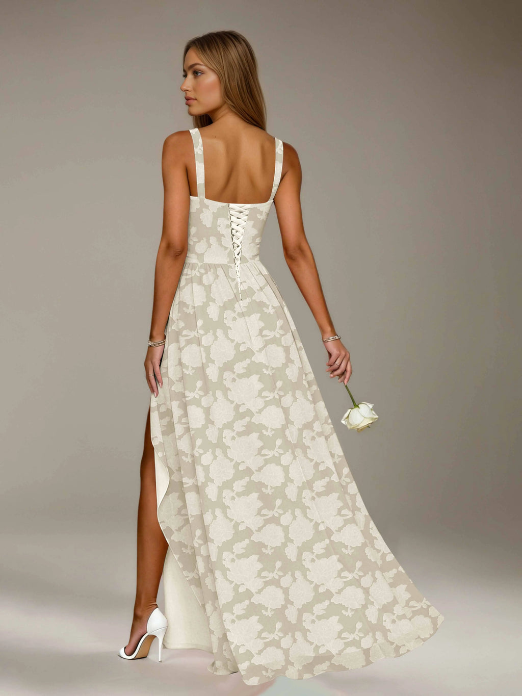 Floral Lace Bridesmaid Dress – A-Line Square Neck Sleeveless Floor Length Formal Dress with Slit oaklynwear