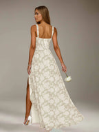 Floral Lace Bridesmaid Dress – A-Line Square Neck Sleeveless Floor Length Formal Dress with Slit oaklynwear