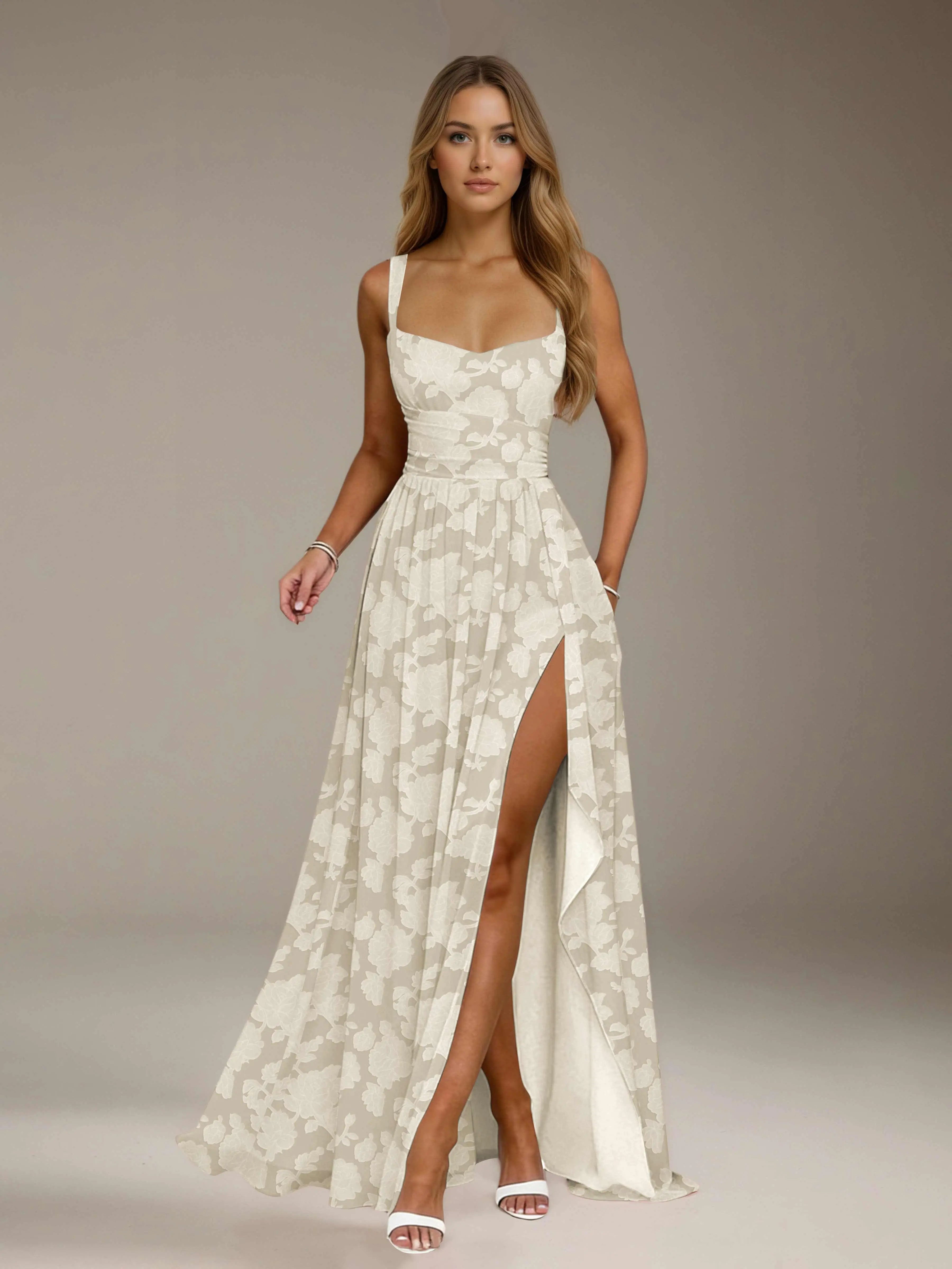 Floral Lace Bridesmaid Dress – A-Line Square Neck Sleeveless Floor Length Formal Dress with Slit oaklynwear