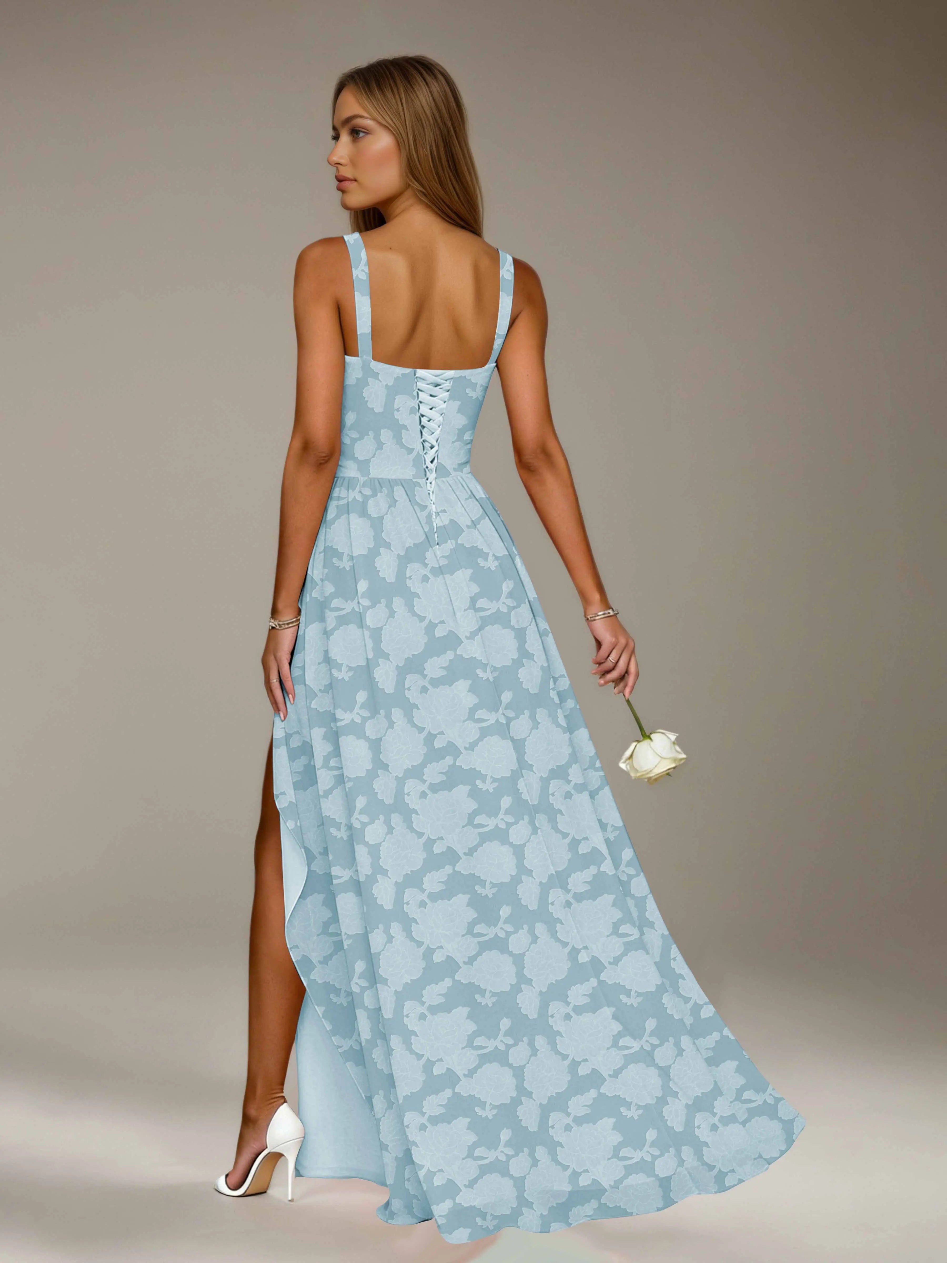Floral Lace Bridesmaid Dress – A-Line Square Neck Sleeveless Floor Length Formal Dress with Slit oaklynwear