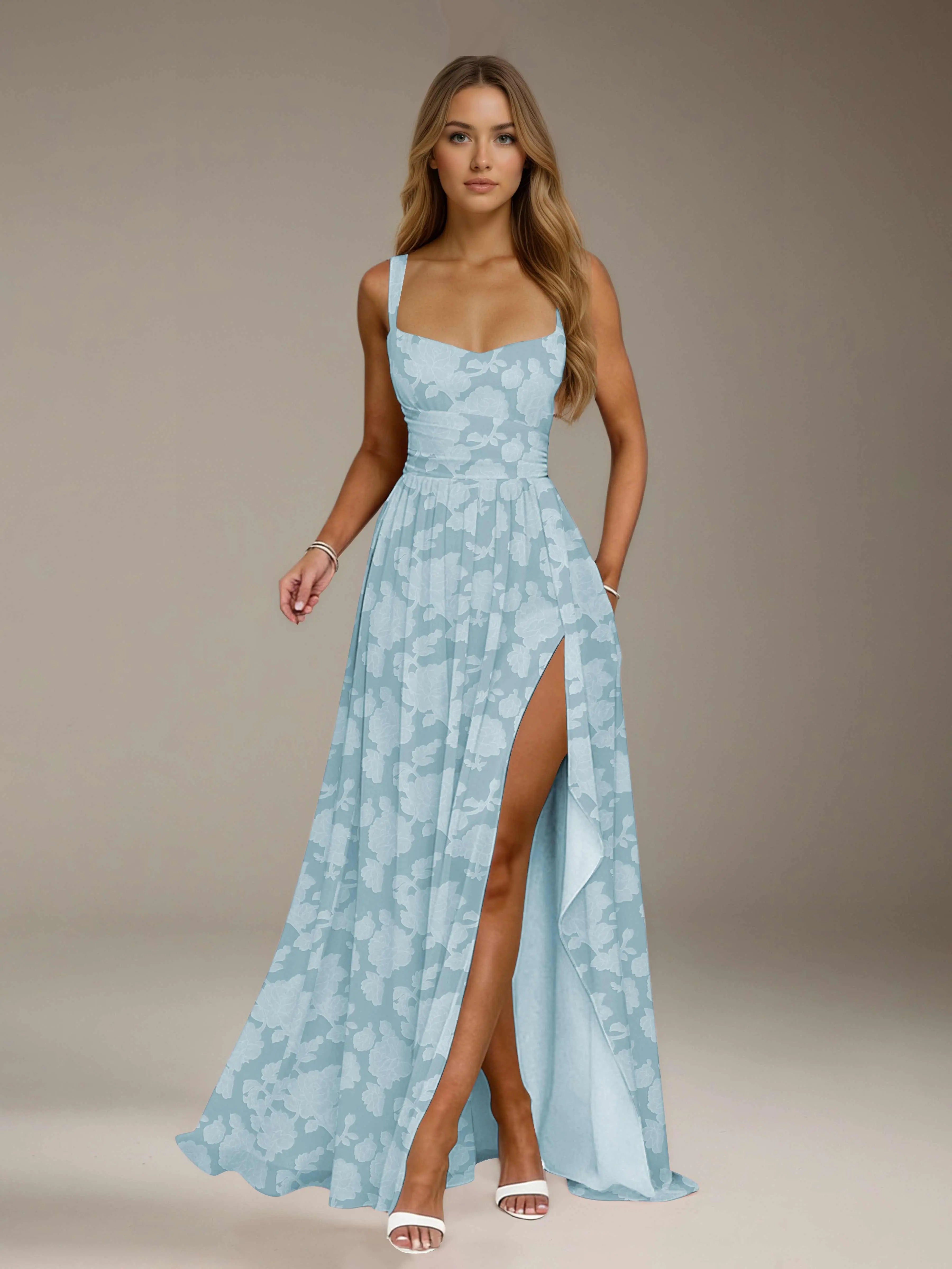 Floral Lace Bridesmaid Dress – A-Line Square Neck Sleeveless Floor Length Formal Dress with Slit oaklynwear