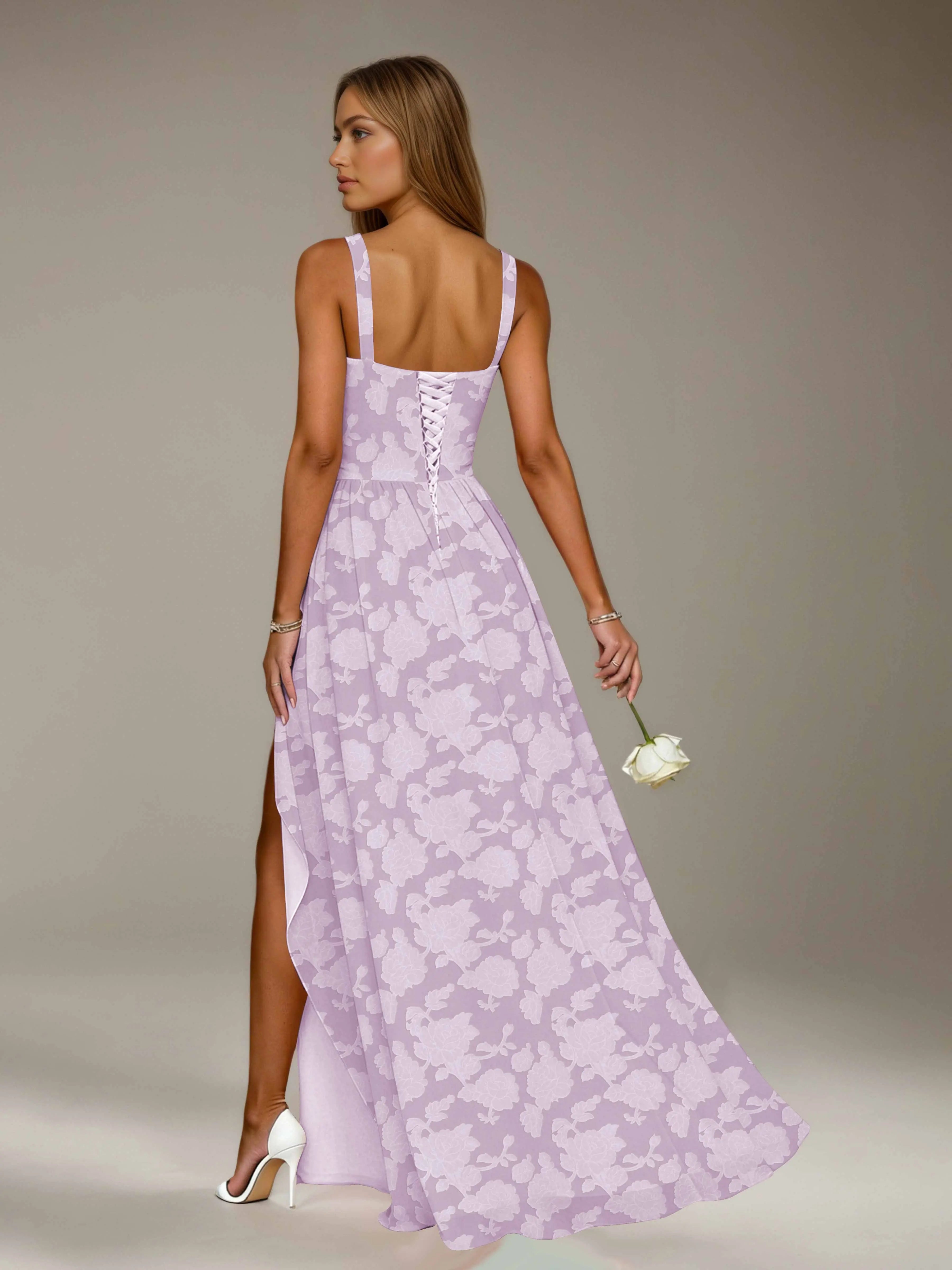 Floral Lace Bridesmaid Dress – A-Line Square Neck Sleeveless Floor Length Formal Dress with Slit oaklynwear