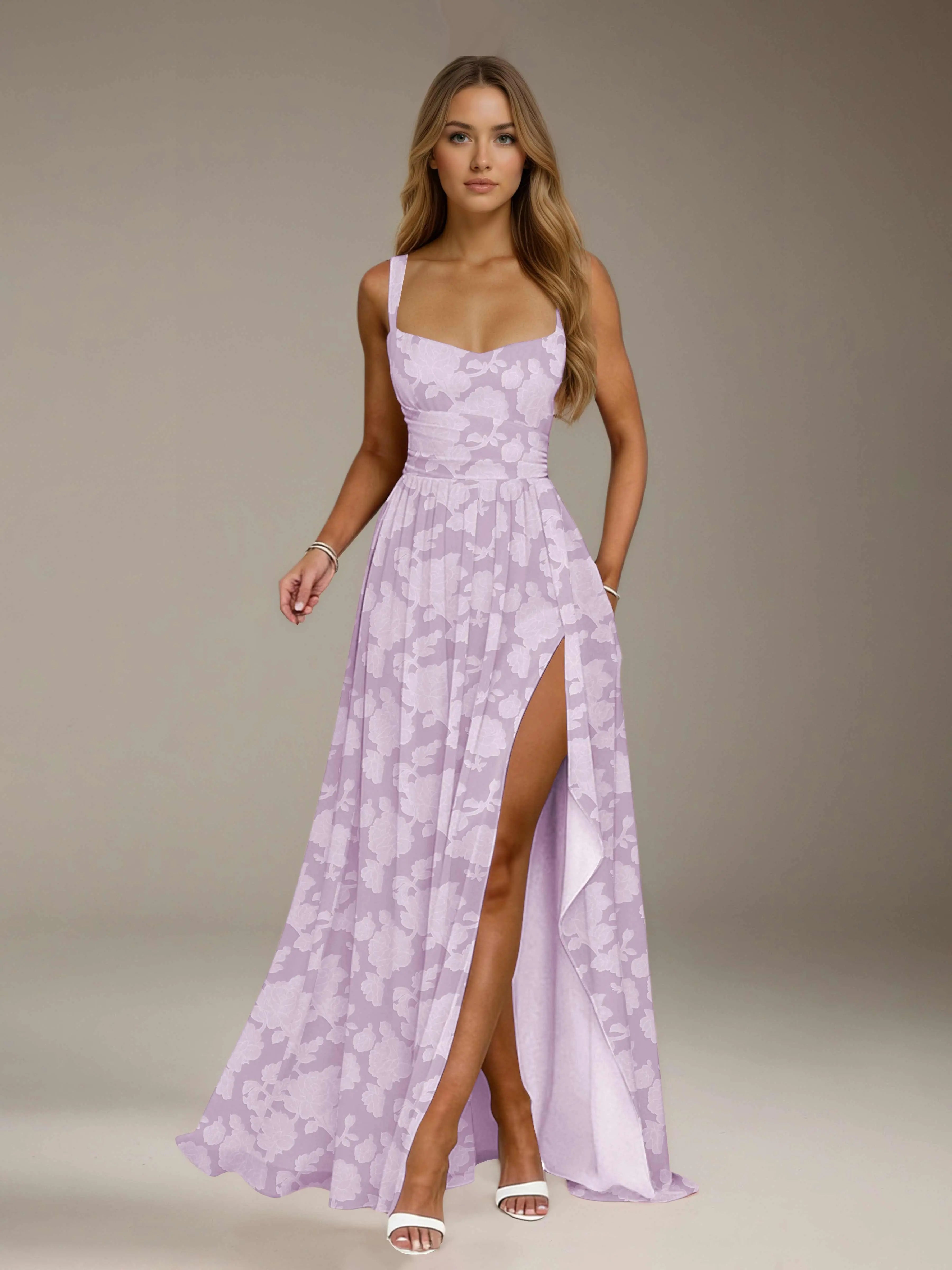 Floral Lace Bridesmaid Dress – A-Line Square Neck Sleeveless Floor Length Formal Dress with Slit oaklynwear