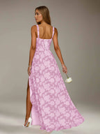 Floral Lace Bridesmaid Dress – A-Line Square Neck Sleeveless Floor Length Formal Dress with Slit oaklynwear