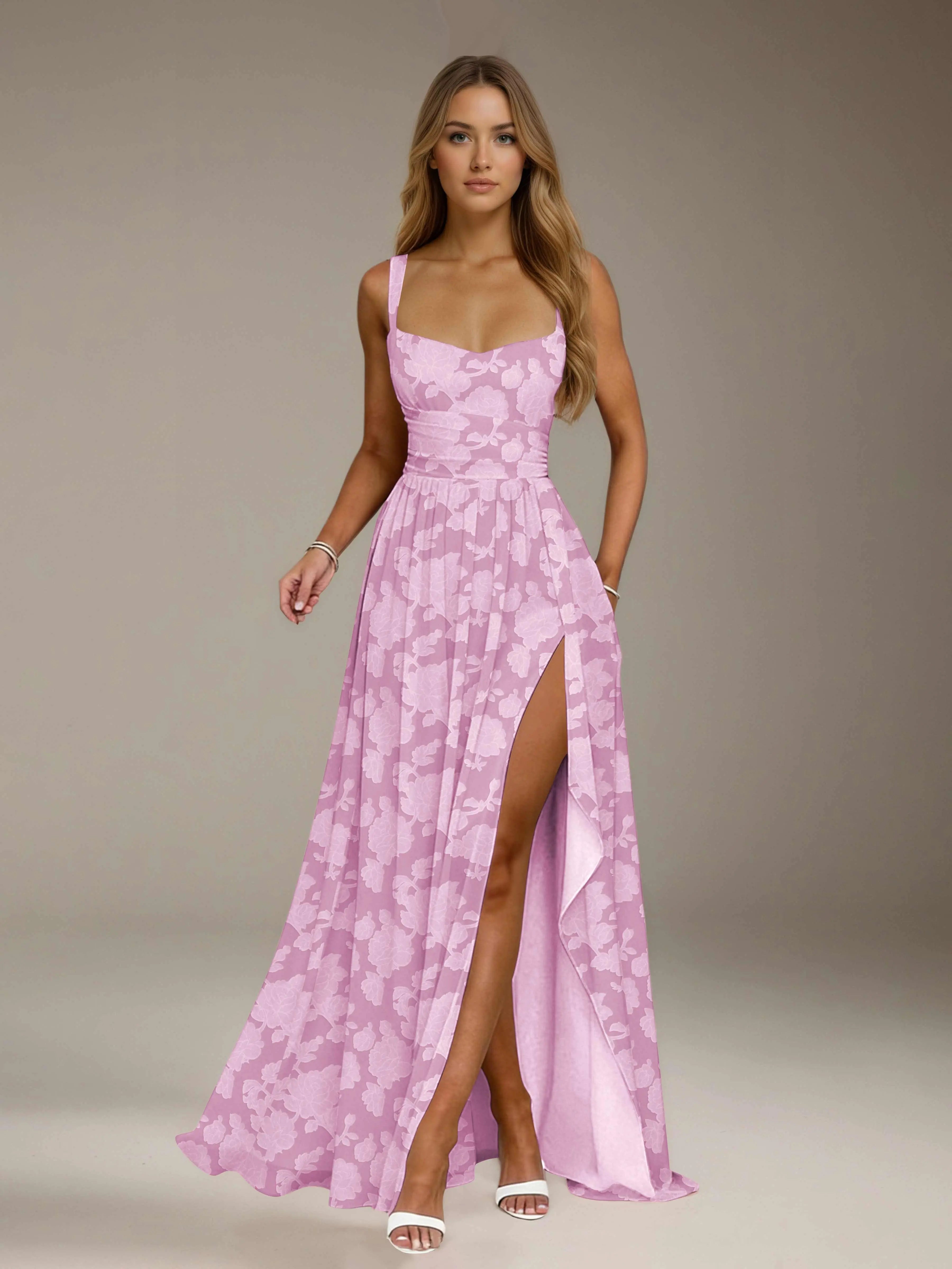 Floral Lace Bridesmaid Dress – A-Line Square Neck Sleeveless Floor Length Formal Dress with Slit oaklynwear