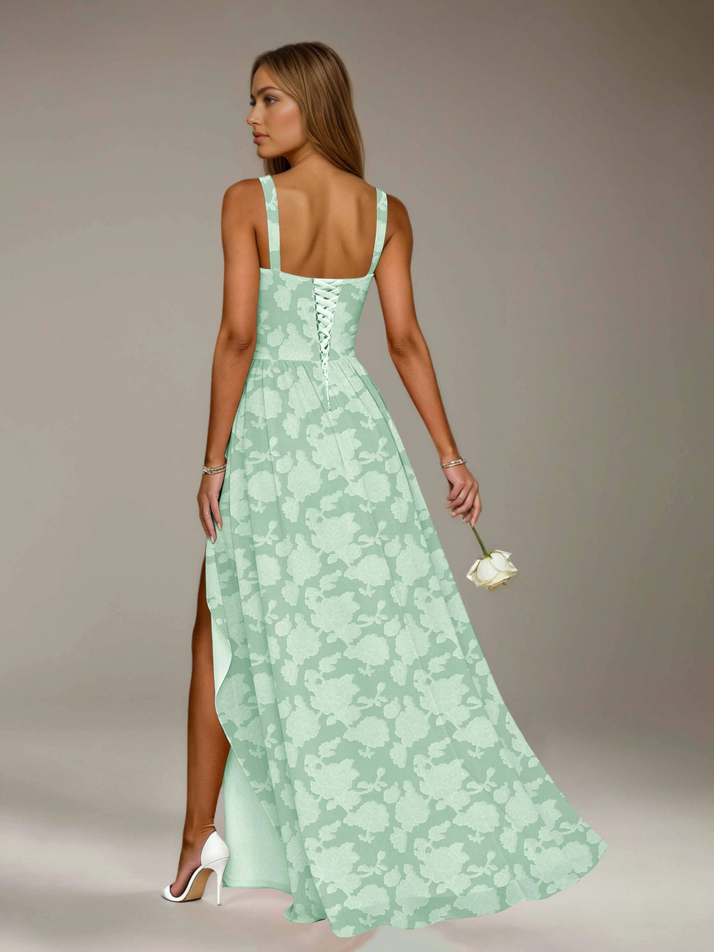 Floral Lace Bridesmaid Dress – A-Line Square Neck Sleeveless Floor Length Formal Dress with Slit oaklynwear