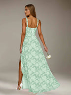 Floral Lace Bridesmaid Dress – A-Line Square Neck Sleeveless Floor Length Formal Dress with Slit oaklynwear