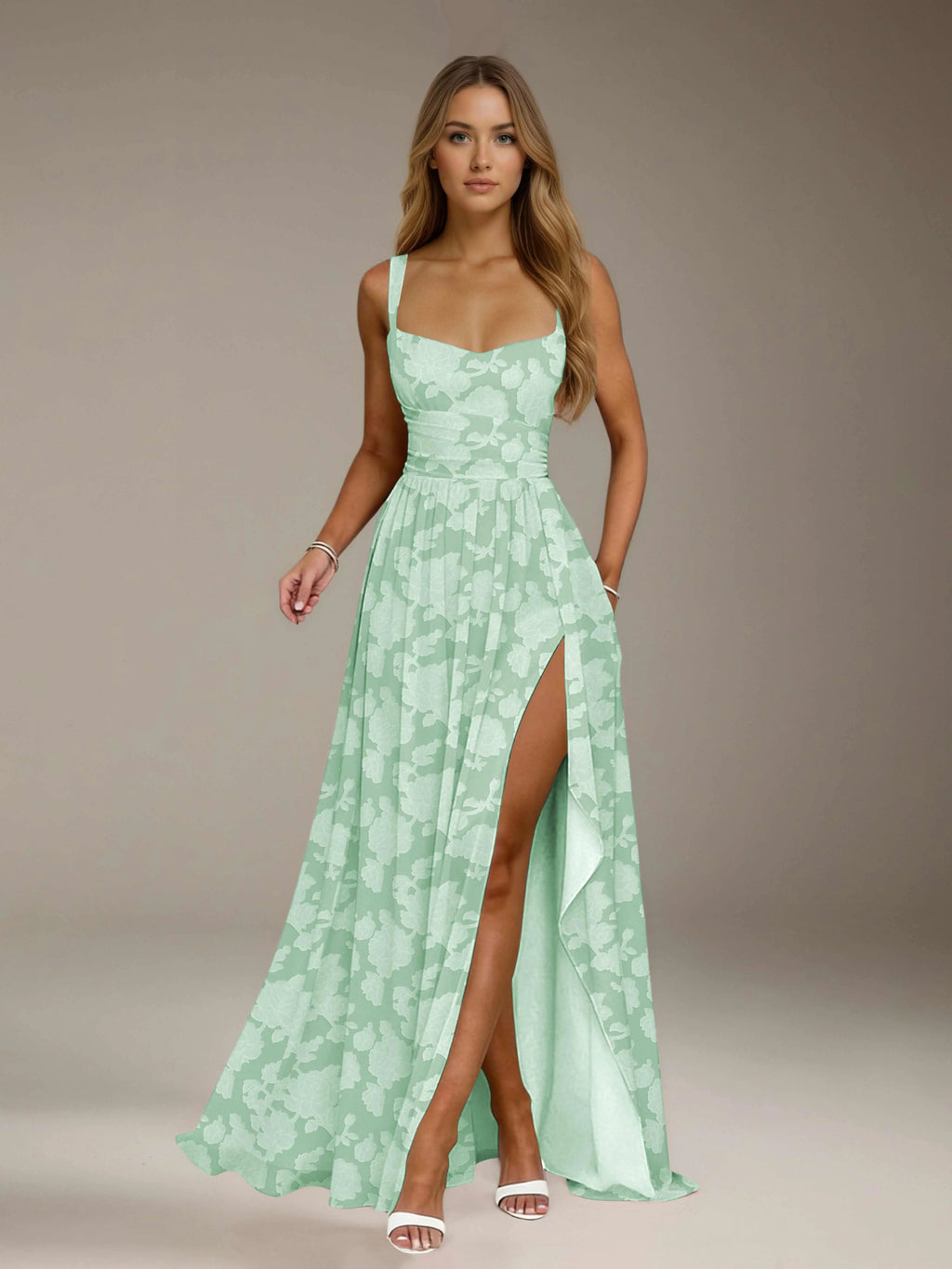 Floral Lace Bridesmaid Dress – A-Line Square Neck Sleeveless Floor Length Formal Dress with Slit oaklynwear