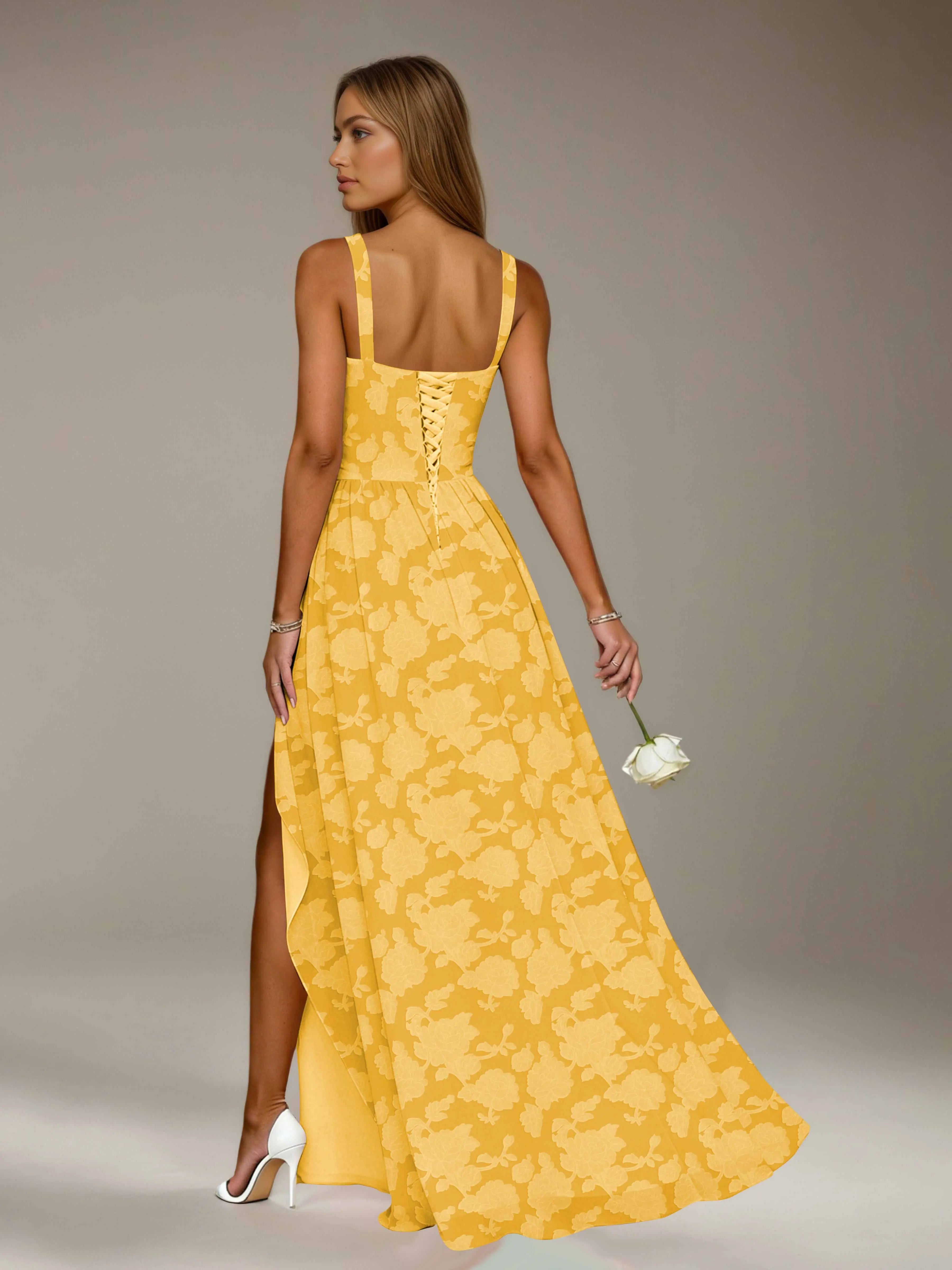 Floral Lace Bridesmaid Dress – A-Line Square Neck Sleeveless Floor Length Formal Dress with Slit oaklynwear