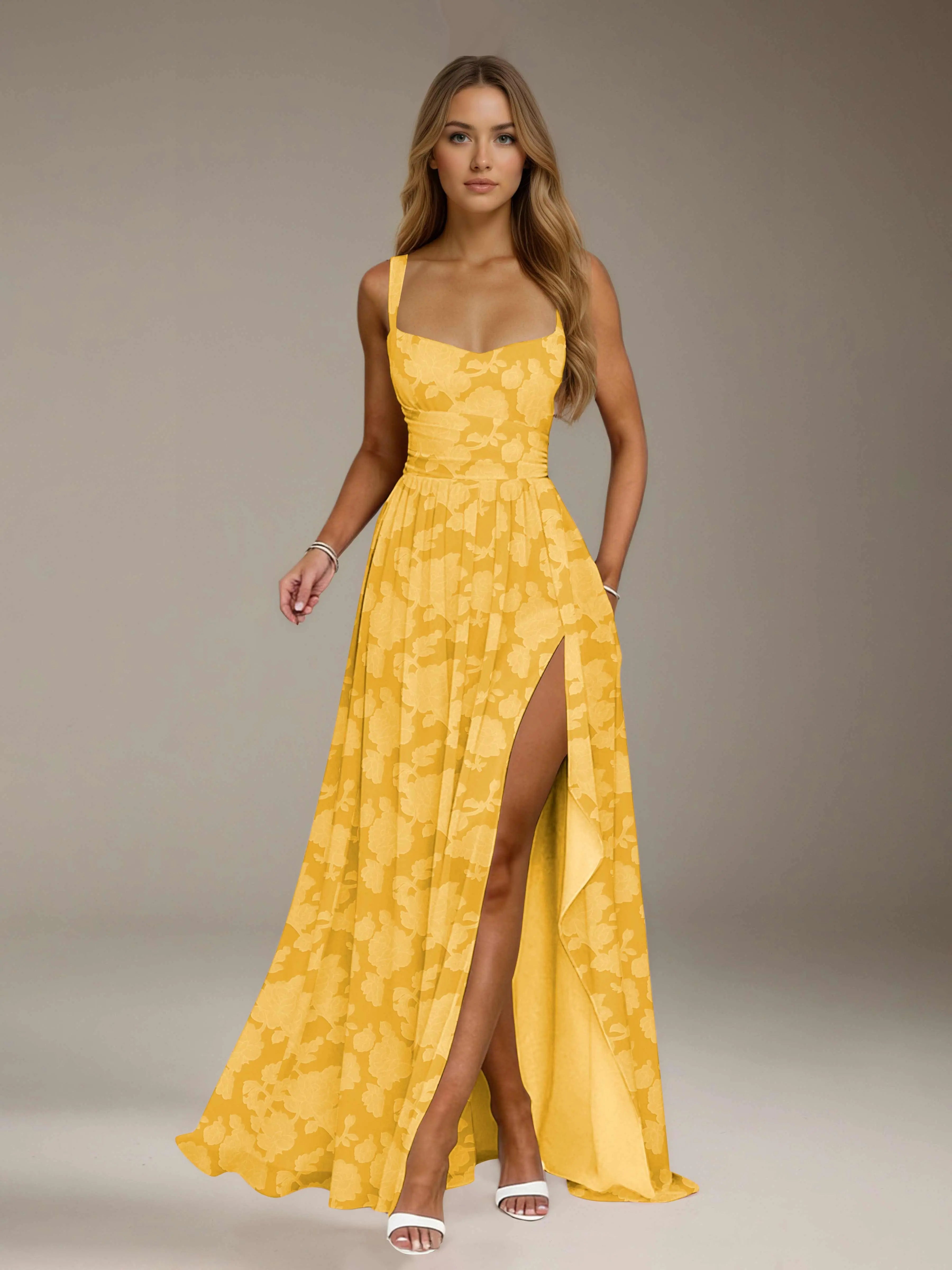 Floral Lace Bridesmaid Dress – A-Line Square Neck Sleeveless Floor Length Formal Dress with Slit oaklynwear
