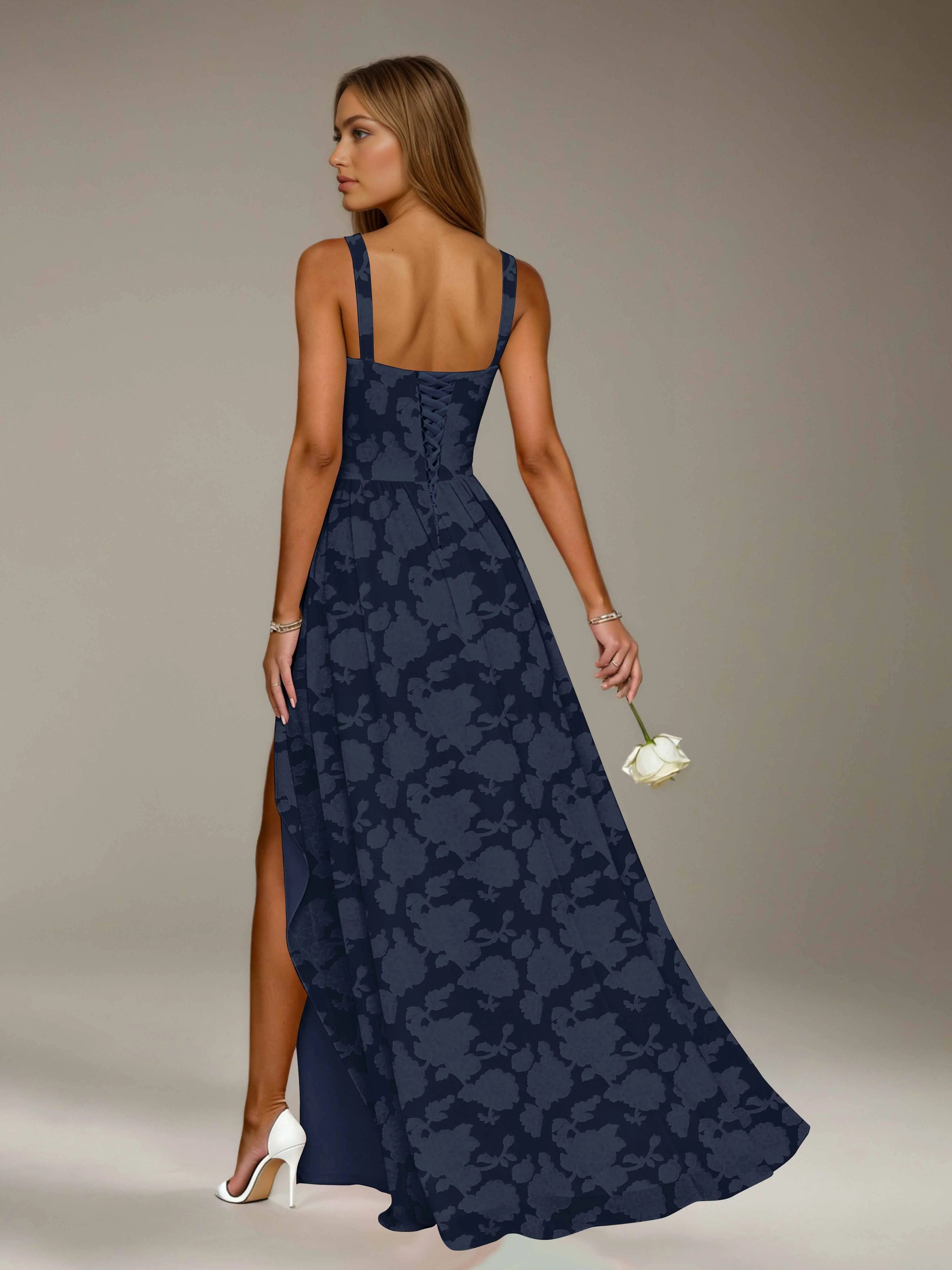 Floral Lace Bridesmaid Dress – A-Line Square Neck Sleeveless Floor Length Formal Dress with Slit oaklynwear