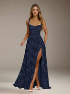 Floral Lace Bridesmaid Dress – A-Line Square Neck Sleeveless Floor Length Formal Dress with Slit oaklynwear