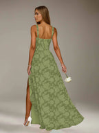 Floral Lace Bridesmaid Dress – A-Line Square Neck Sleeveless Floor Length Formal Dress with Slit oaklynwear