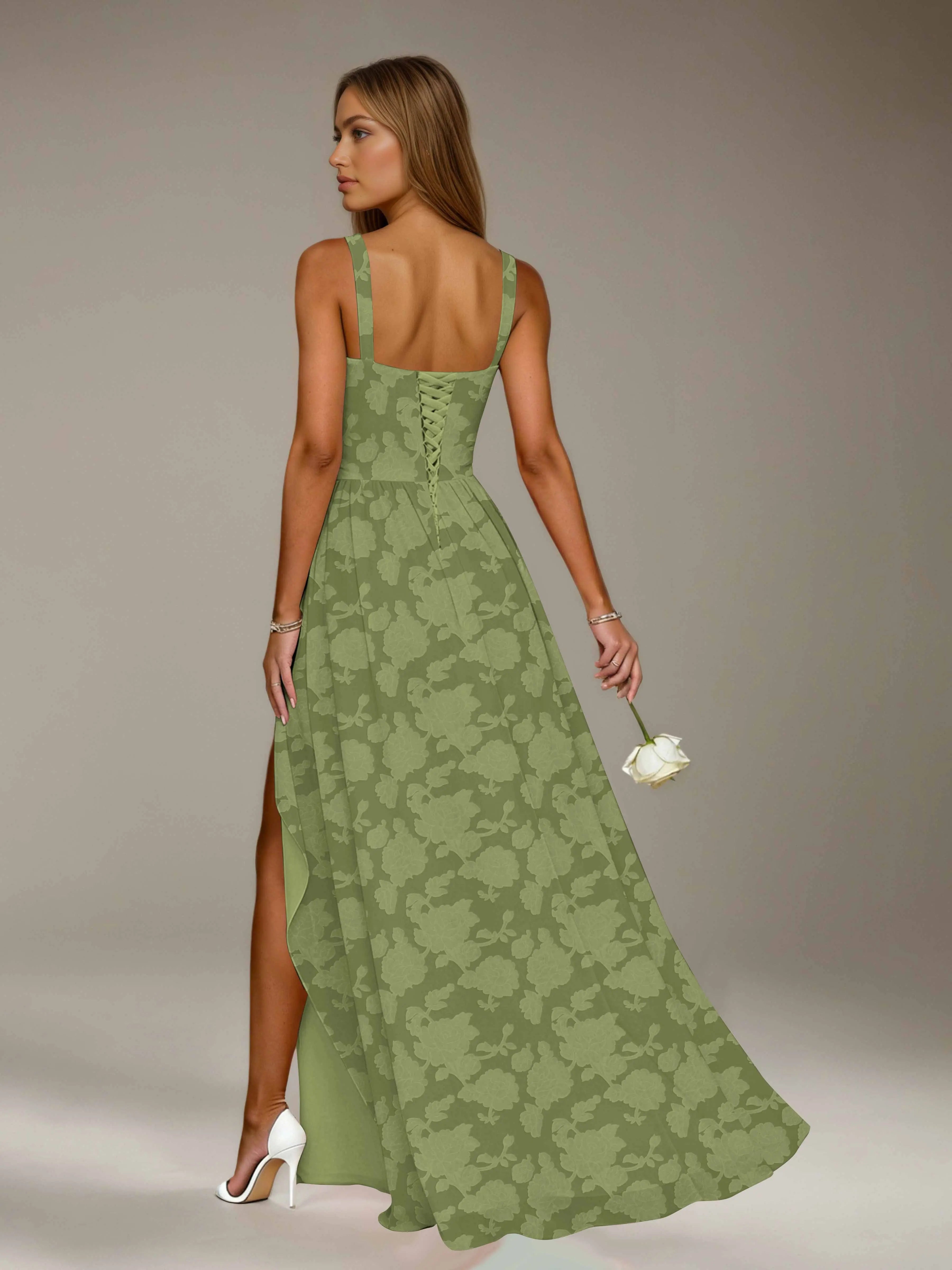 Floral Lace Bridesmaid Dress – A-Line Square Neck Sleeveless Floor Length Formal Dress with Slit oaklynwear