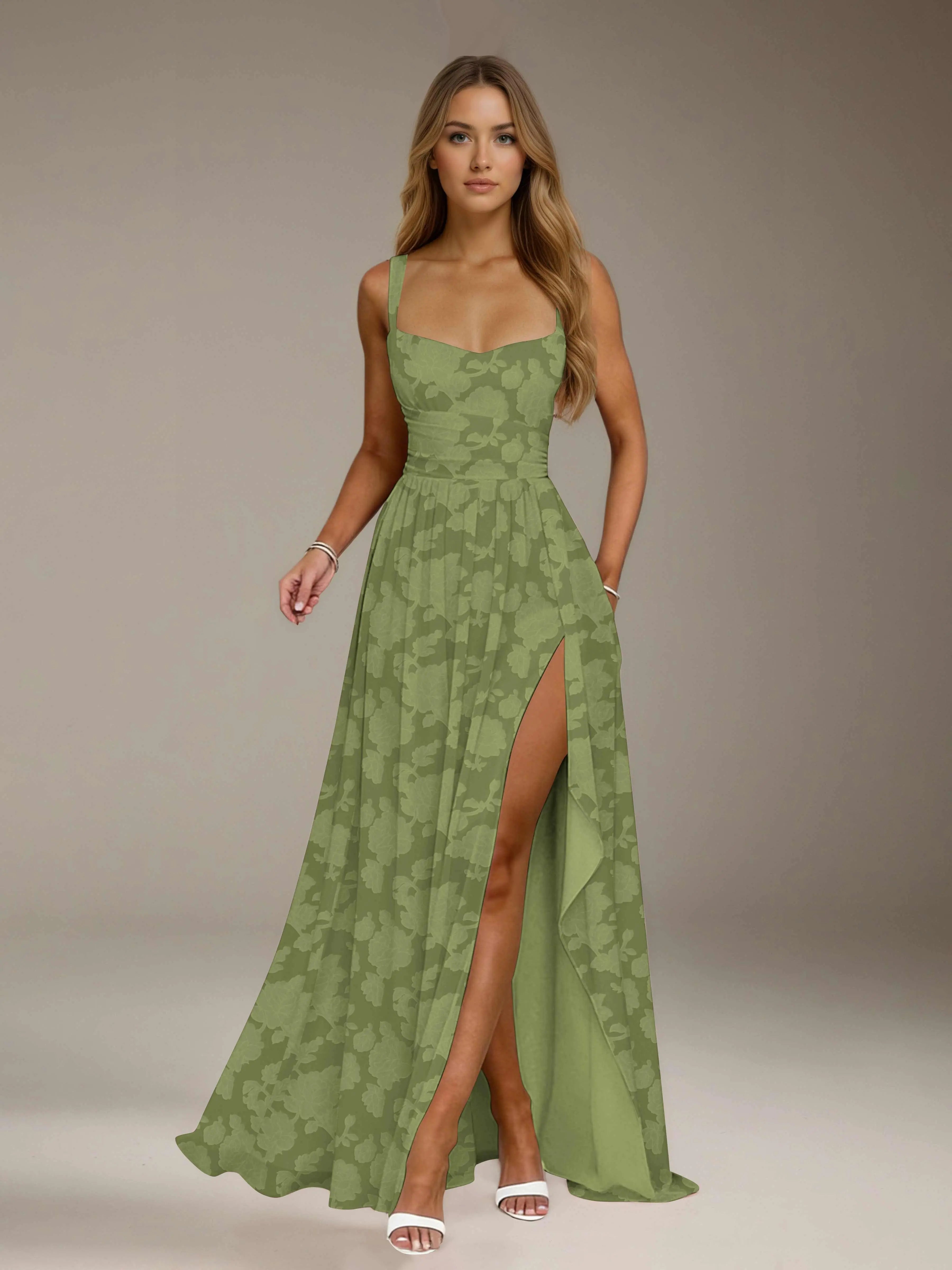 Floral Lace Bridesmaid Dress – A-Line Square Neck Sleeveless Floor Length Formal Dress with Slit oaklynwear