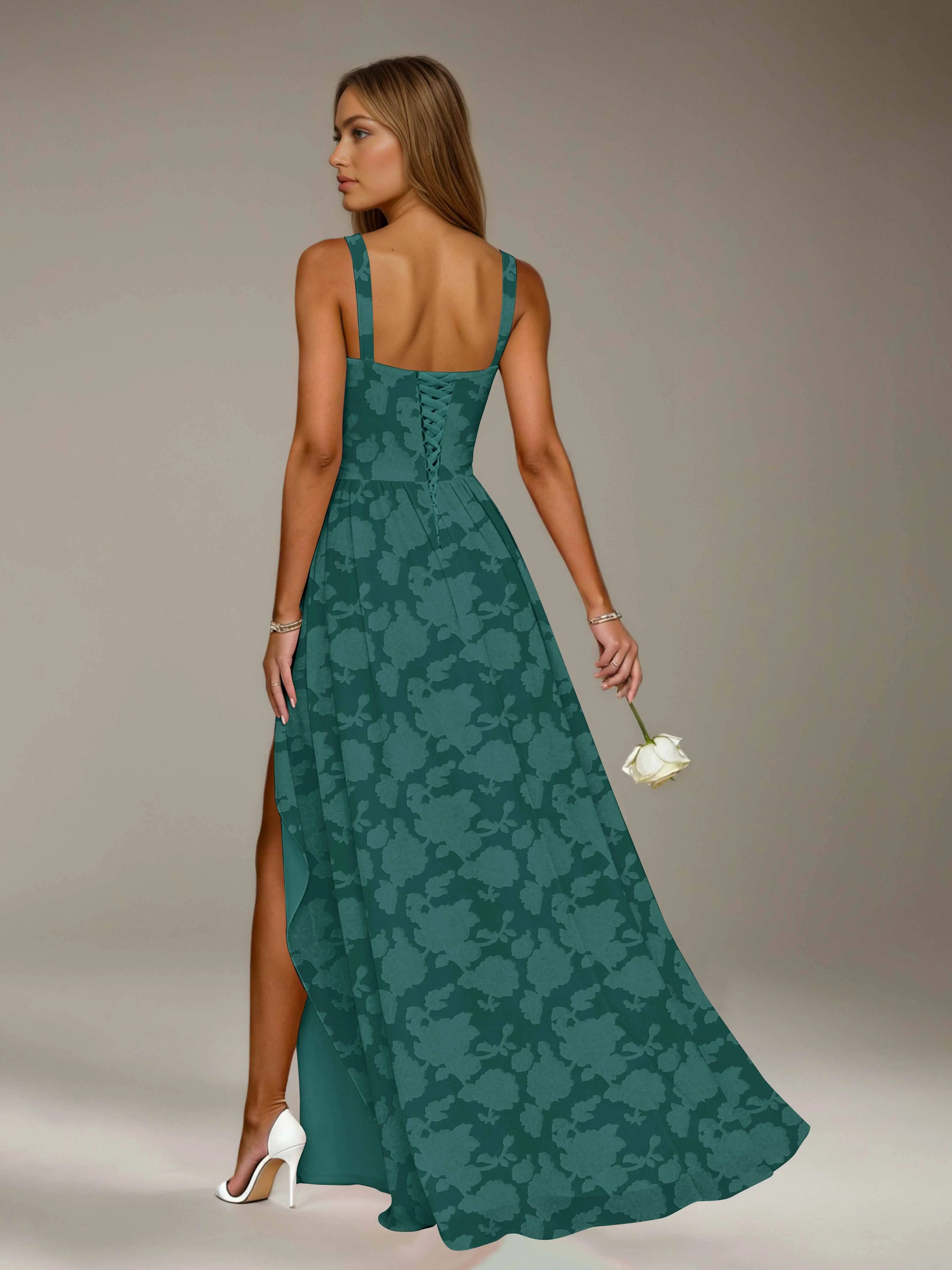 Floral Lace Bridesmaid Dress – A-Line Square Neck Sleeveless Floor Length Formal Dress with Slit oaklynwear