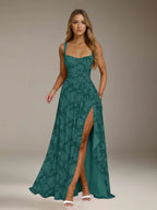 Floral Lace Bridesmaid Dress – A-Line Square Neck Sleeveless Floor Length Formal Dress with Slit oaklynwear