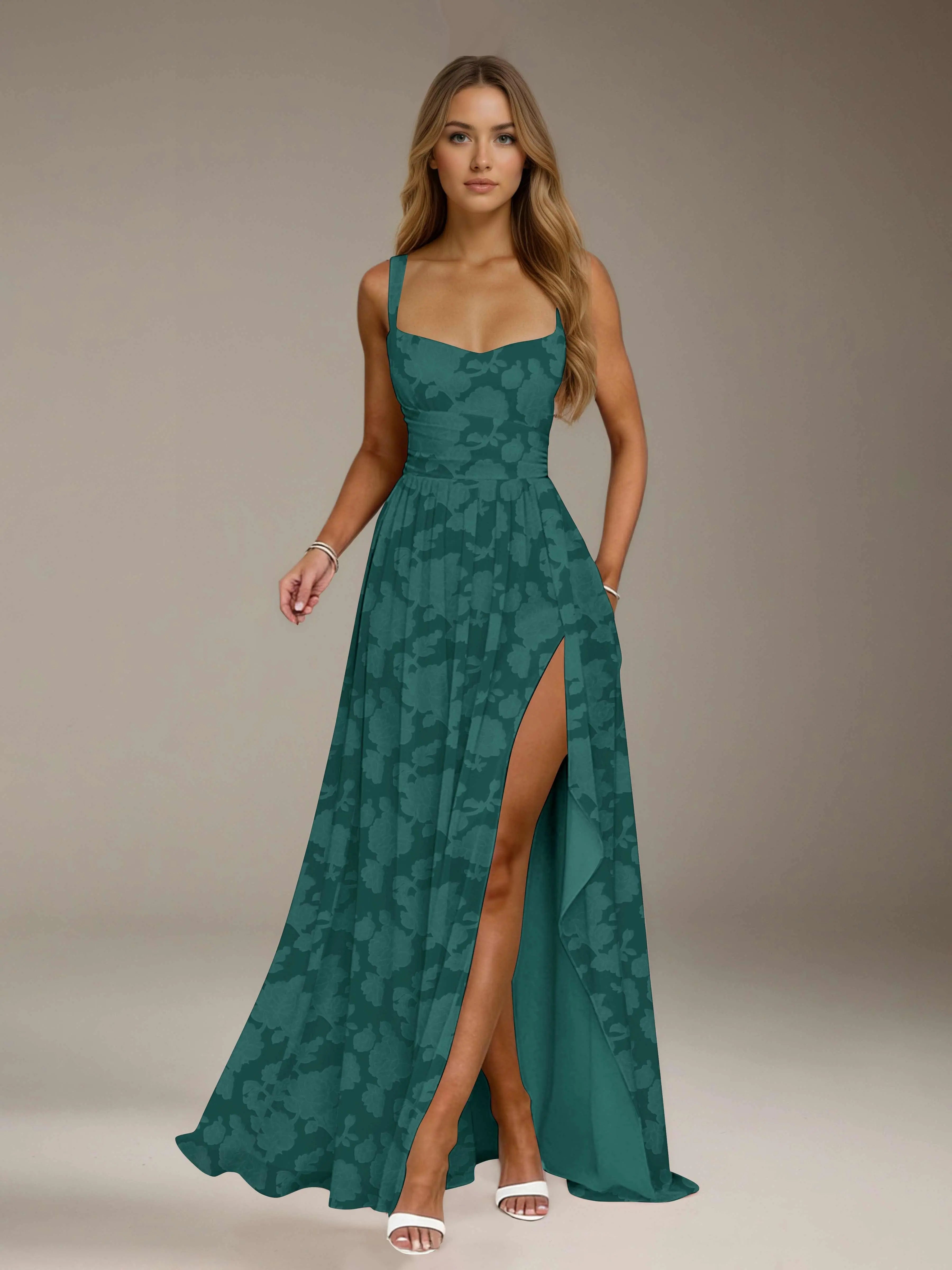 Floral Lace Bridesmaid Dress – A-Line Square Neck Sleeveless Floor Length Formal Dress with Slit oaklynwear