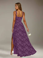 Floral Lace Bridesmaid Dress – A-Line Square Neck Sleeveless Floor Length Formal Dress with Slit oaklynwear