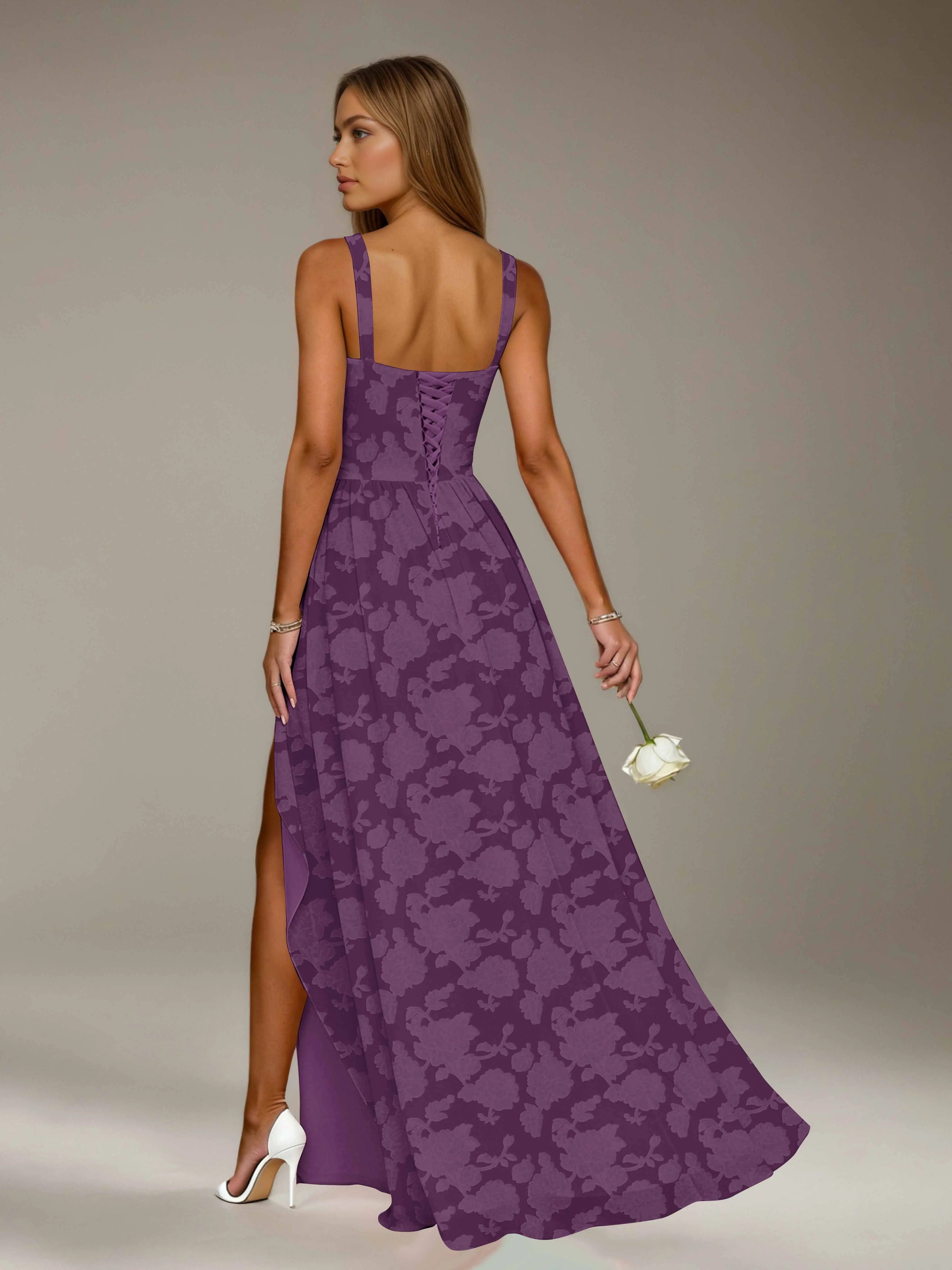 Floral Lace Bridesmaid Dress – A-Line Square Neck Sleeveless Floor Length Formal Dress with Slit oaklynwear