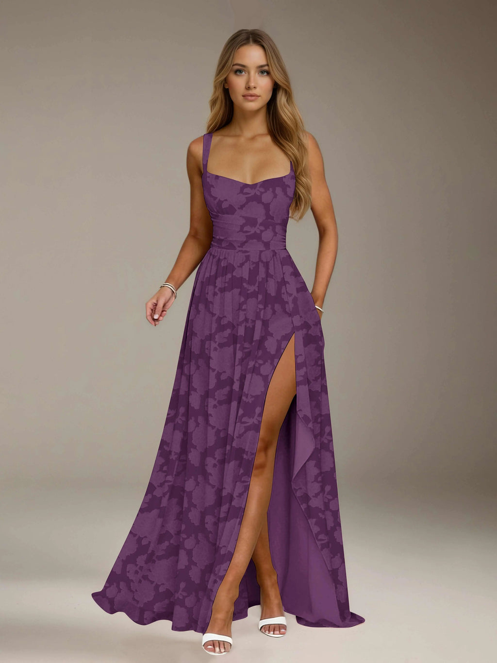 Floral Lace Bridesmaid Dress – A-Line Square Neck Sleeveless Floor Length Formal Dress with Slit oaklynwear