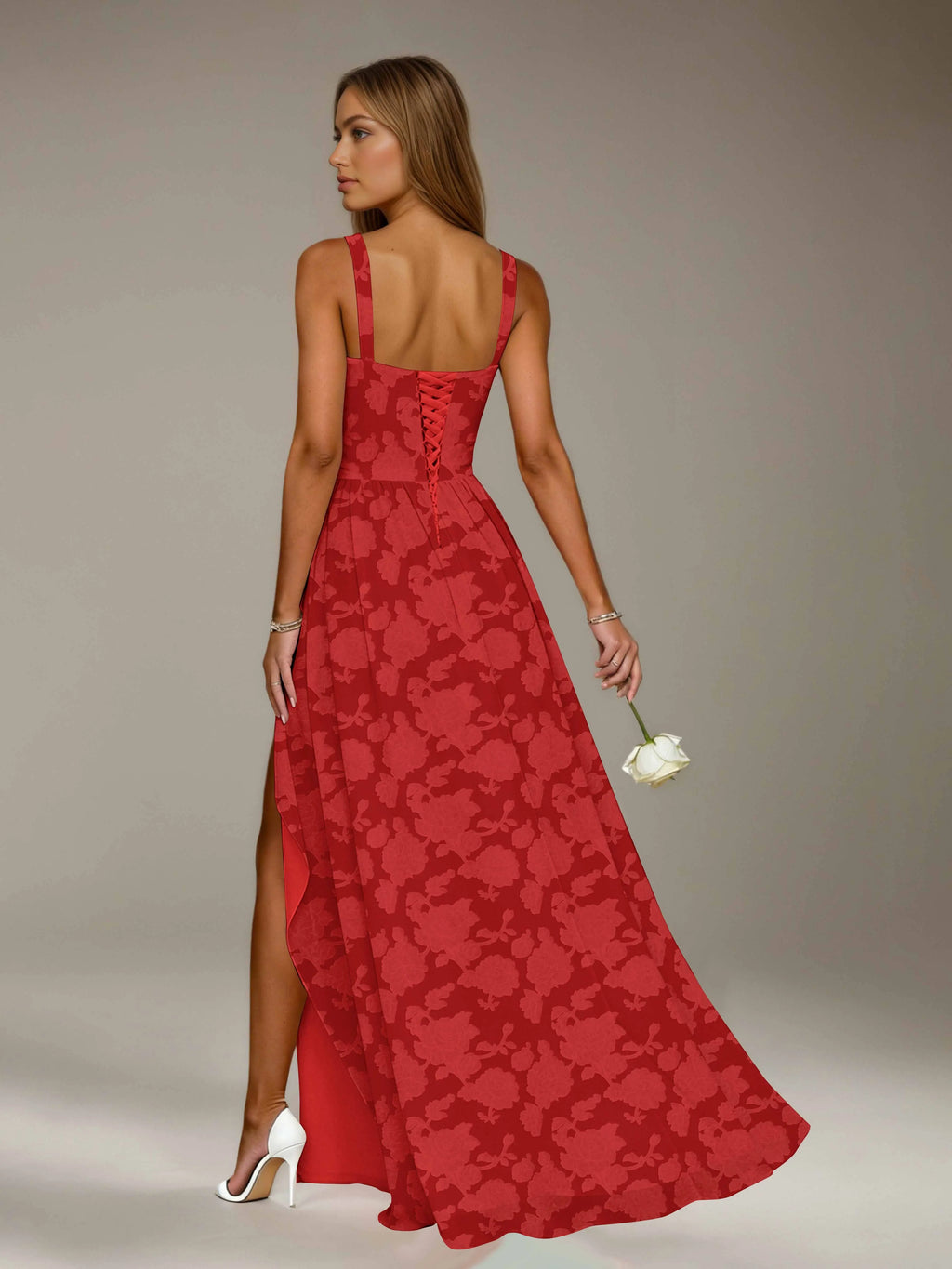 Floral Lace Bridesmaid Dress – A-Line Square Neck Sleeveless Floor Length Formal Dress with Slit oaklynwear