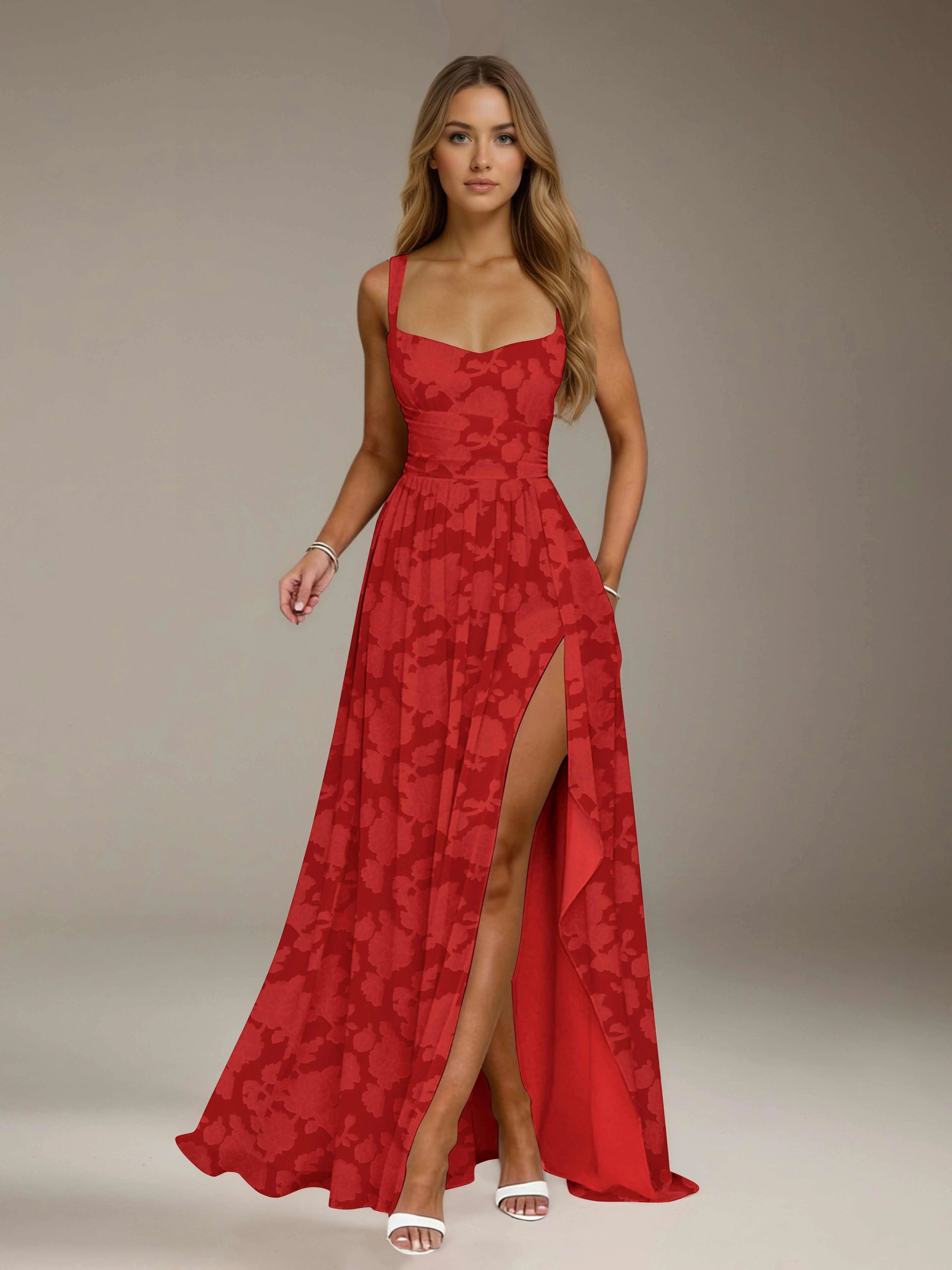 Floral Lace Bridesmaid Dress – A-Line Square Neck Sleeveless Floor Length Formal Dress with Slit oaklynwear