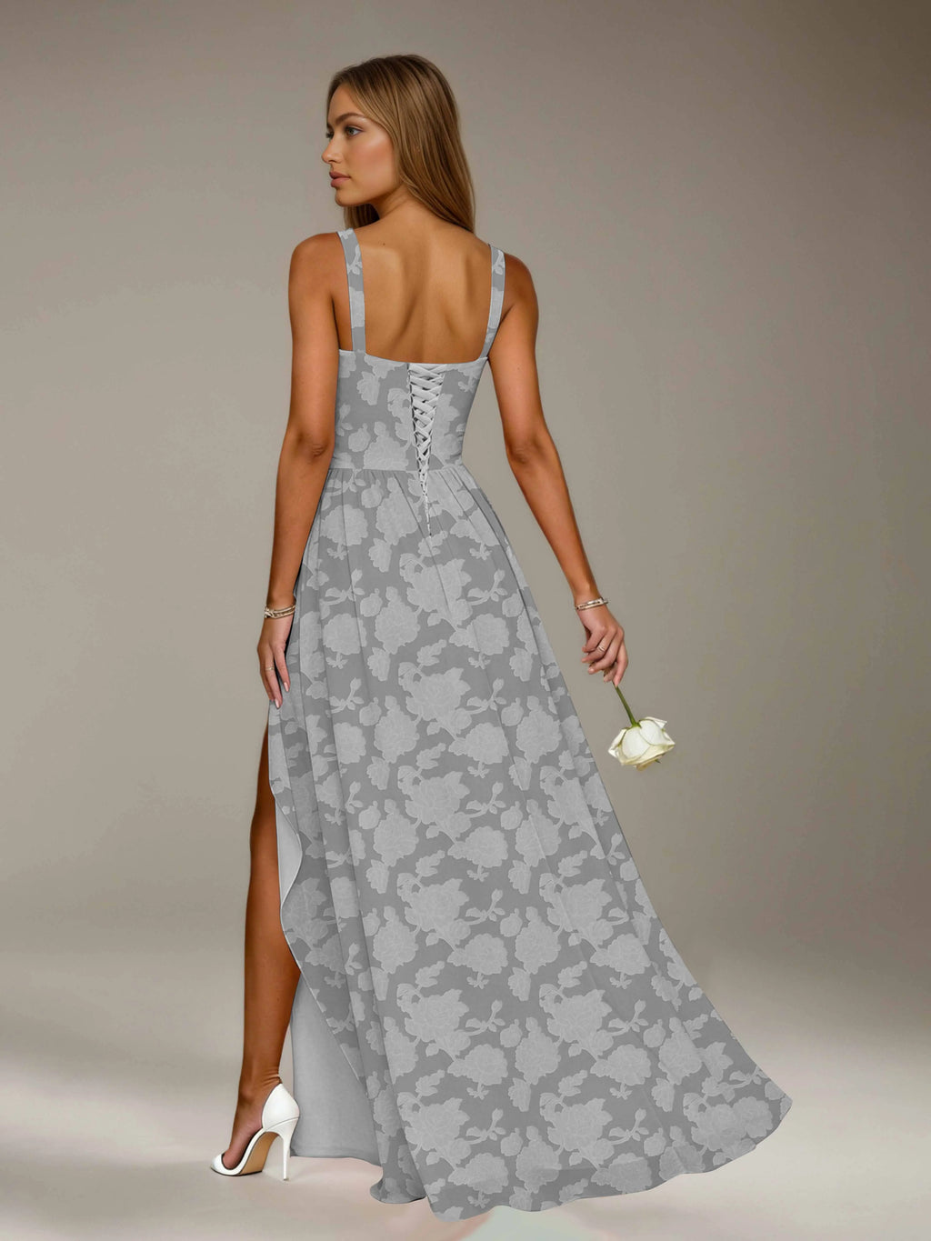 Floral Lace Bridesmaid Dress – A-Line Square Neck Sleeveless Floor Length Formal Dress with Slit oaklynwear