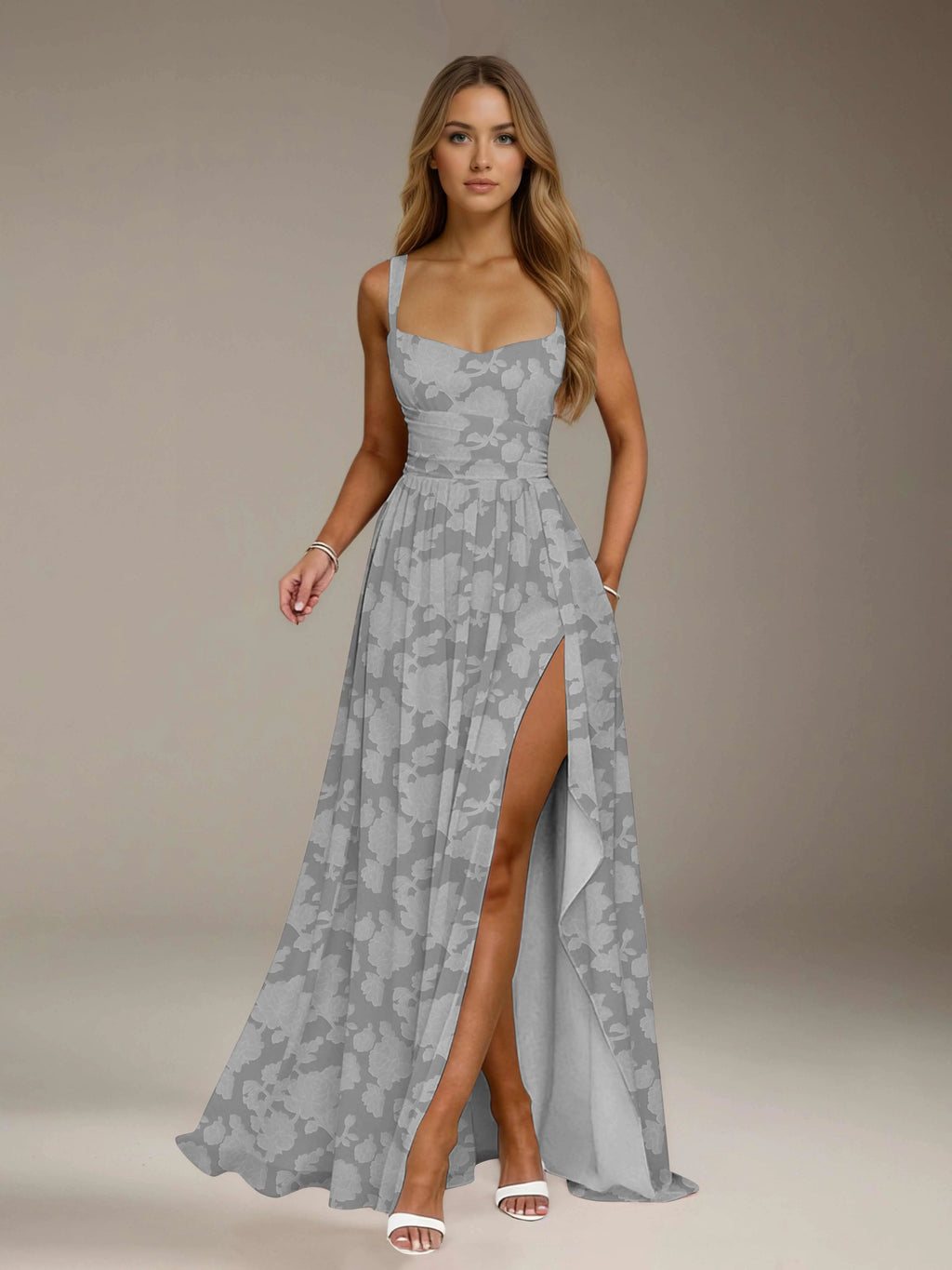 Floral Lace Bridesmaid Dress – A-Line Square Neck Sleeveless Floor Length Formal Dress with Slit oaklynwear