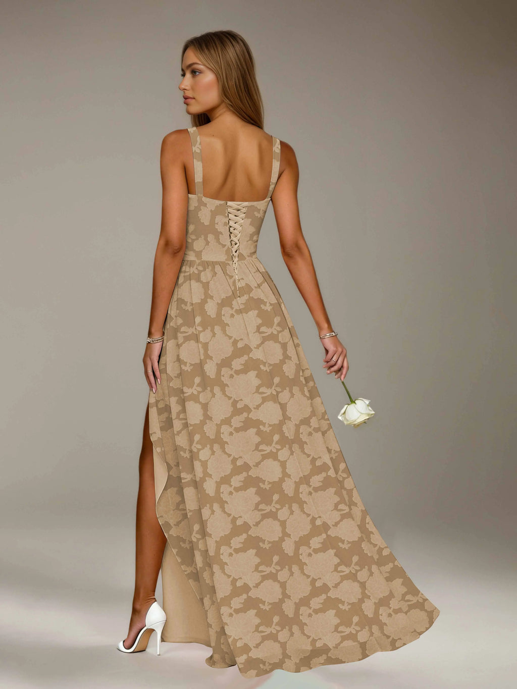 Floral Lace Bridesmaid Dress – A-Line Square Neck Sleeveless Floor Length Formal Dress with Slit oaklynwear