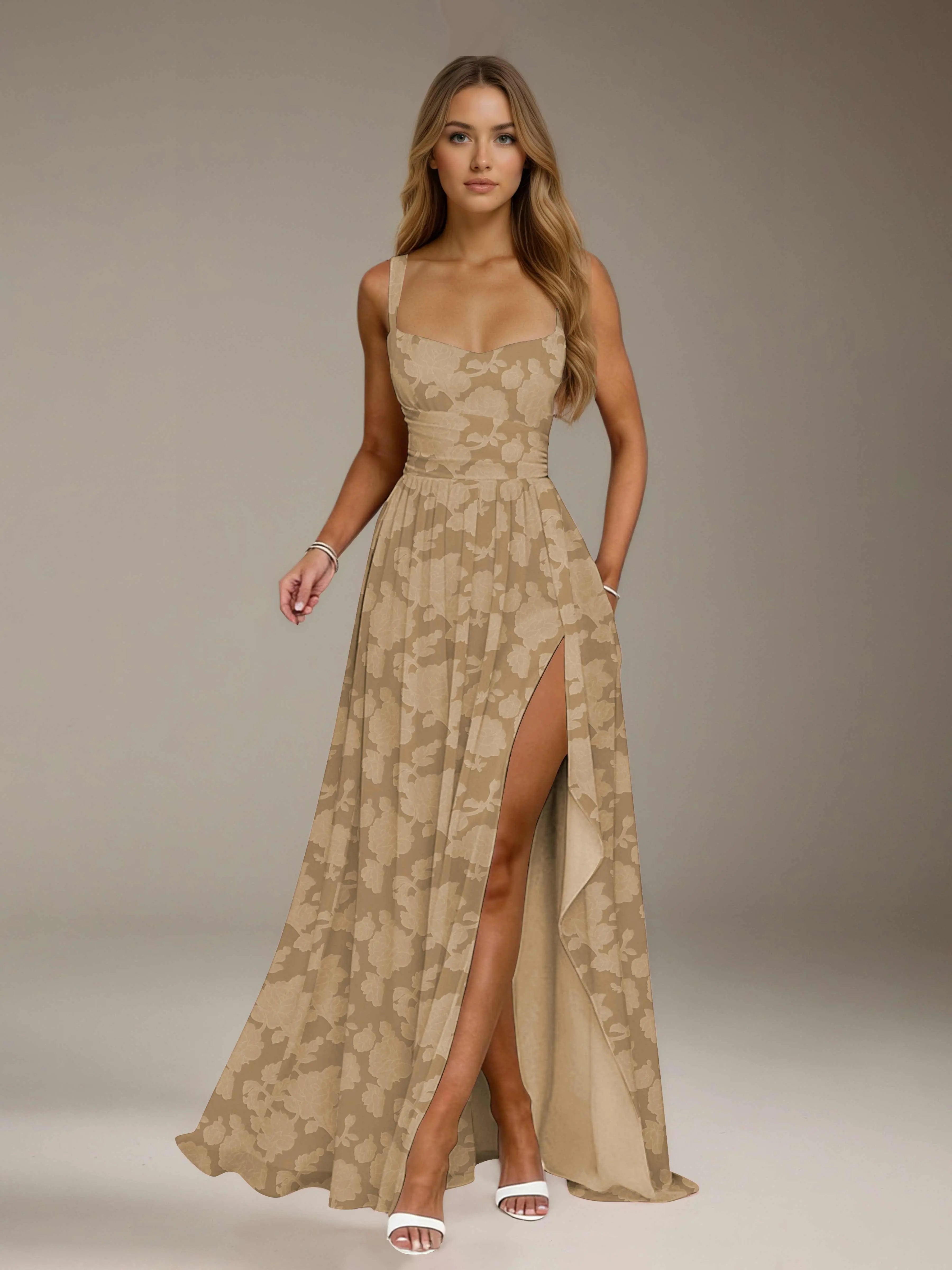 Floral Lace Bridesmaid Dress – A-Line Square Neck Sleeveless Floor Length Formal Dress with Slit oaklynwear