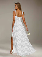 Floral Lace Bridesmaid Dress – A-Line Square Neck Sleeveless Floor Length Formal Dress with Slit oaklynwear