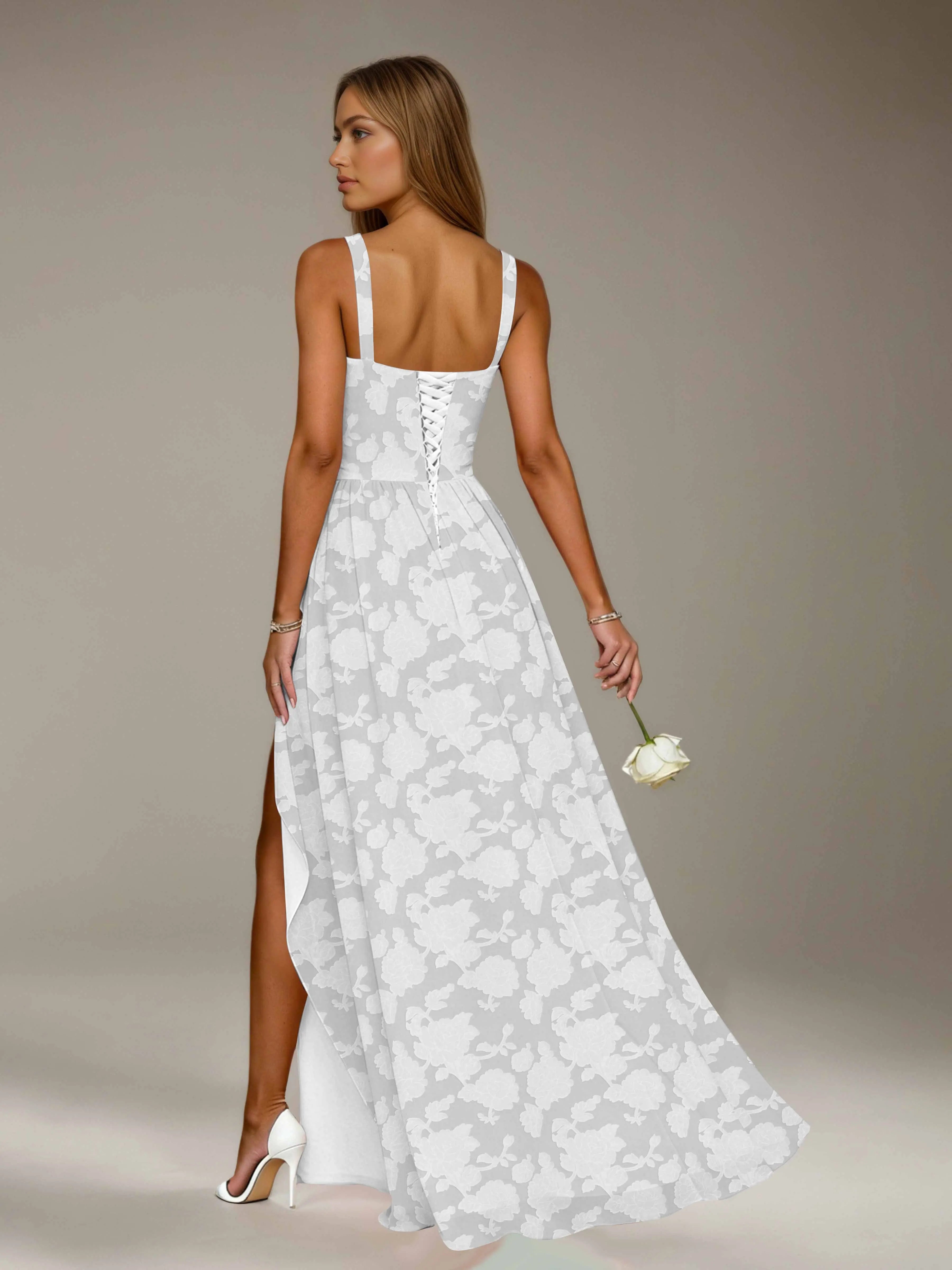 Floral Lace Bridesmaid Dress – A-Line Square Neck Sleeveless Floor Length Formal Dress with Slit oaklynwear