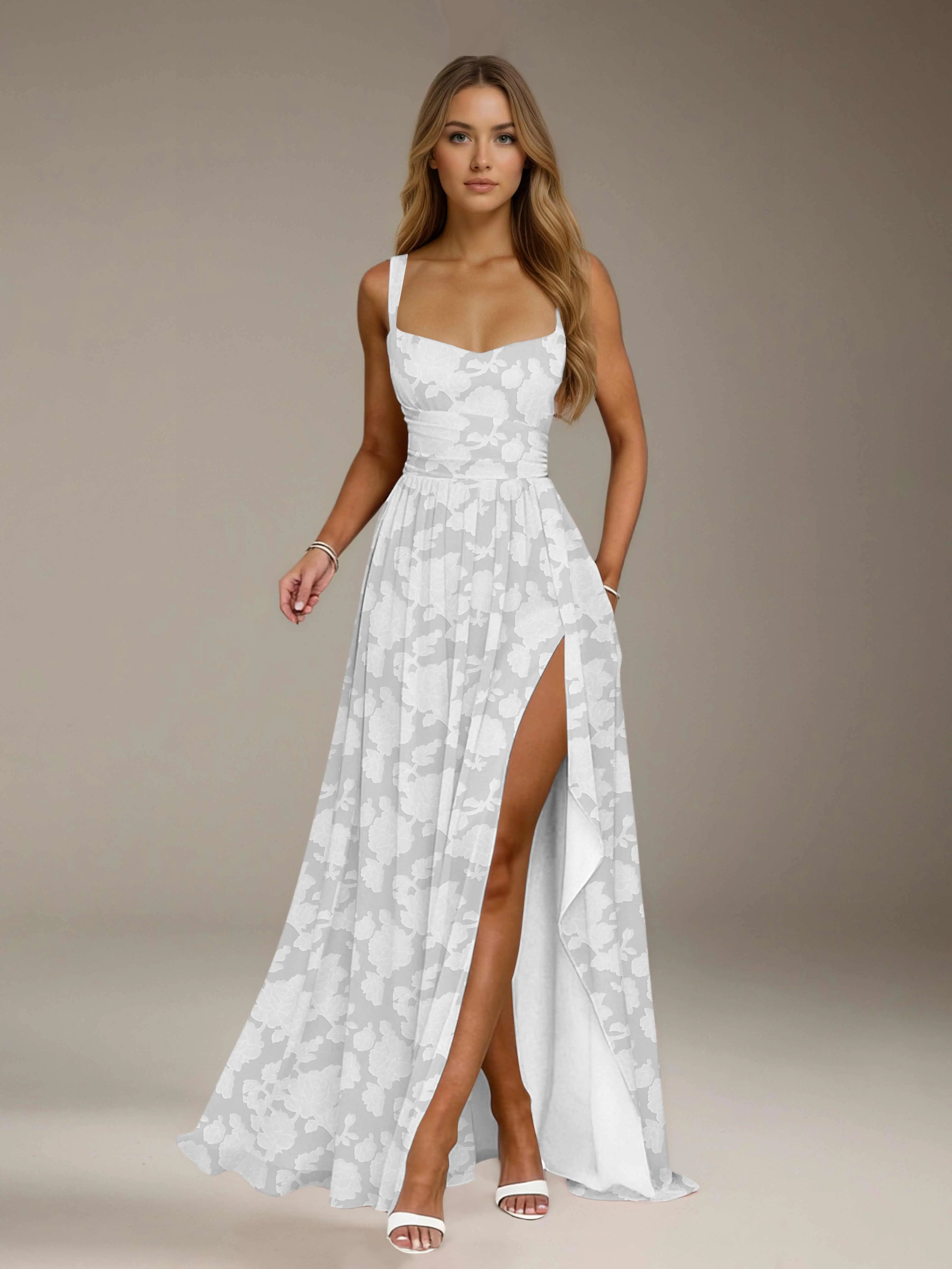 Floral Lace Bridesmaid Dress – A-Line Square Neck Sleeveless Floor Length Formal Dress with Slit oaklynwear