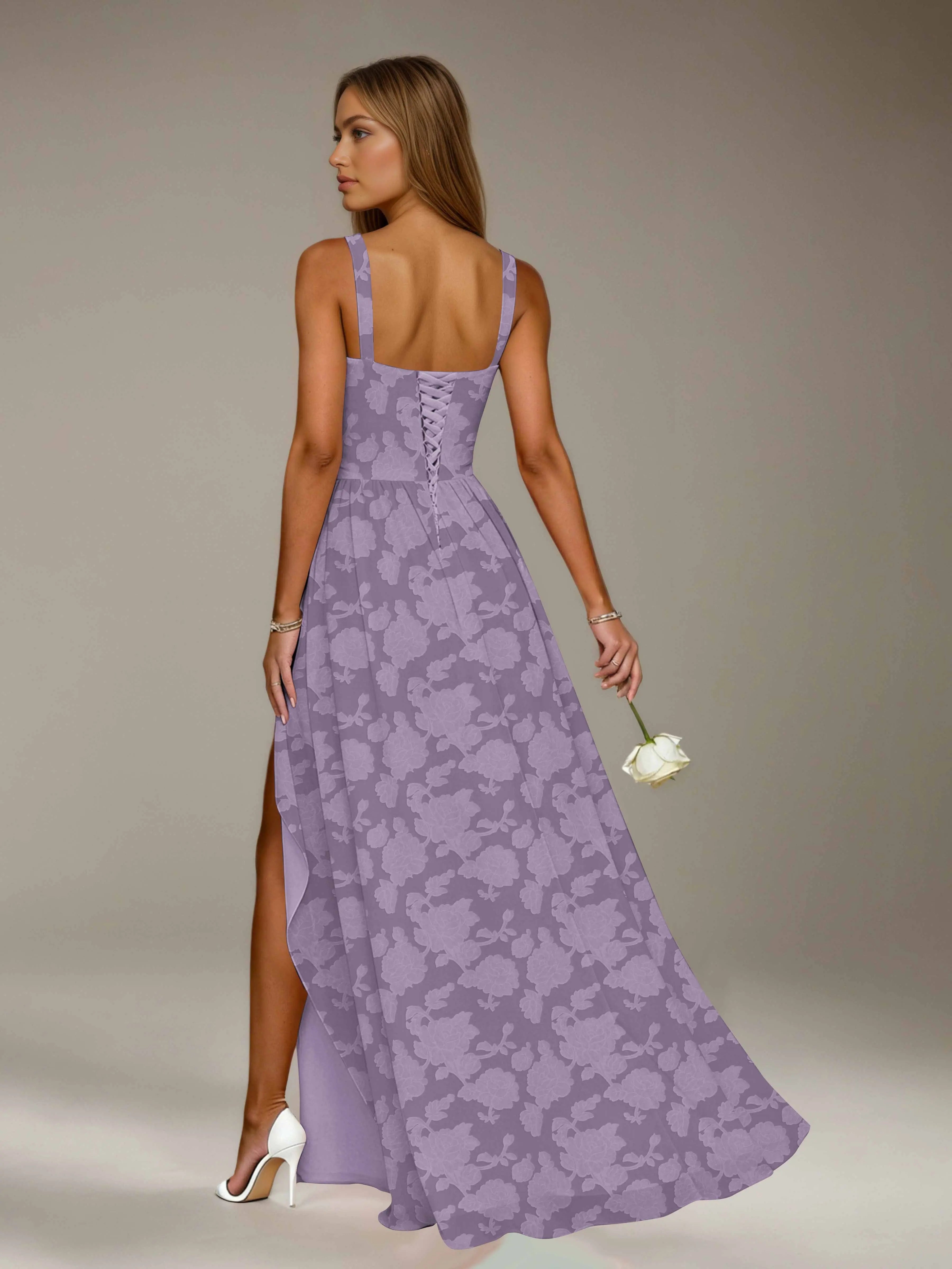 Floral Lace Bridesmaid Dress – A-Line Square Neck Sleeveless Floor Length Formal Dress with Slit oaklynwear