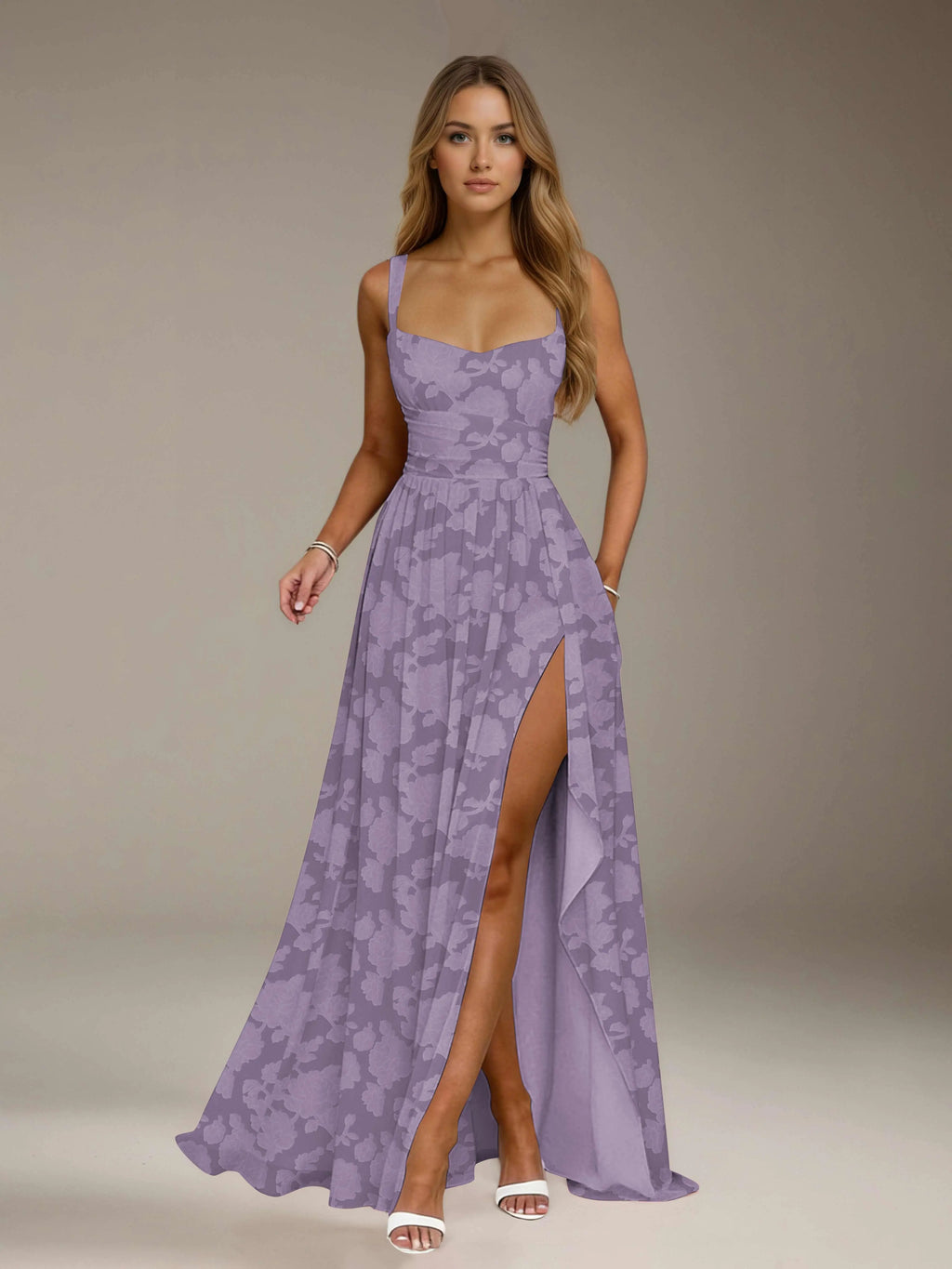Floral Lace Bridesmaid Dress – A-Line Square Neck Sleeveless Floor Length Formal Dress with Slit oaklynwear